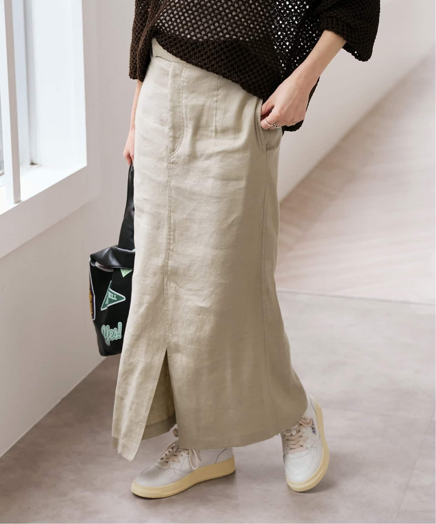 予約》リネンストレッチIラインスカート（ロング・マキシ丈スカート