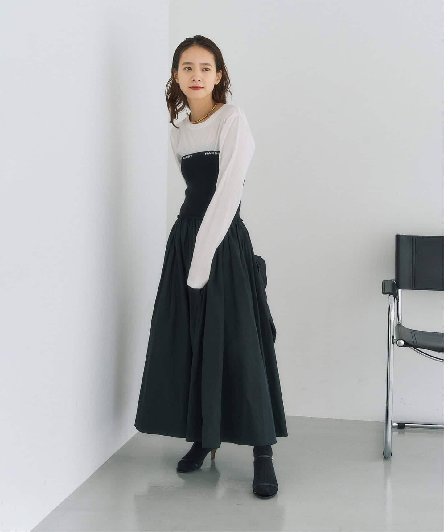 PGGアモッサ×N yメカニカルストレッチタフタブラックスカートサイズ1 予約》タフタウエストリブスカート（ロング・マキシ丈スカート