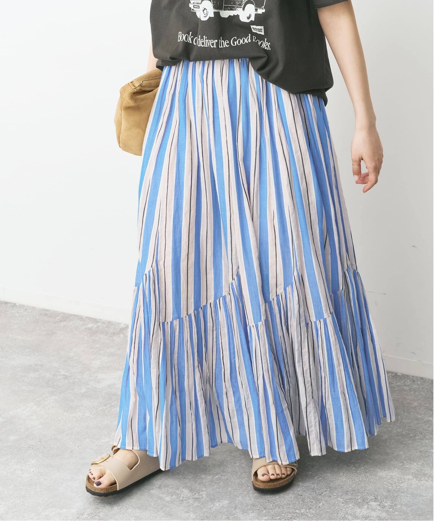 別注カラー有》ne Quittez pas CottonVoile StripeSlant Panel Skirt