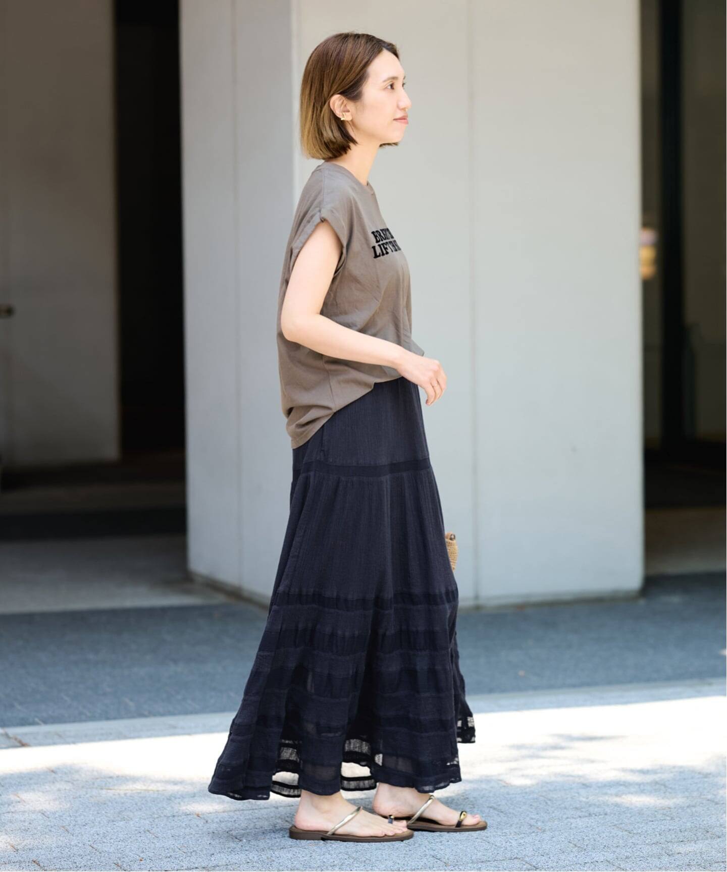 コットンメッシュ切り替えスカート（ロング・マキシ丈スカート