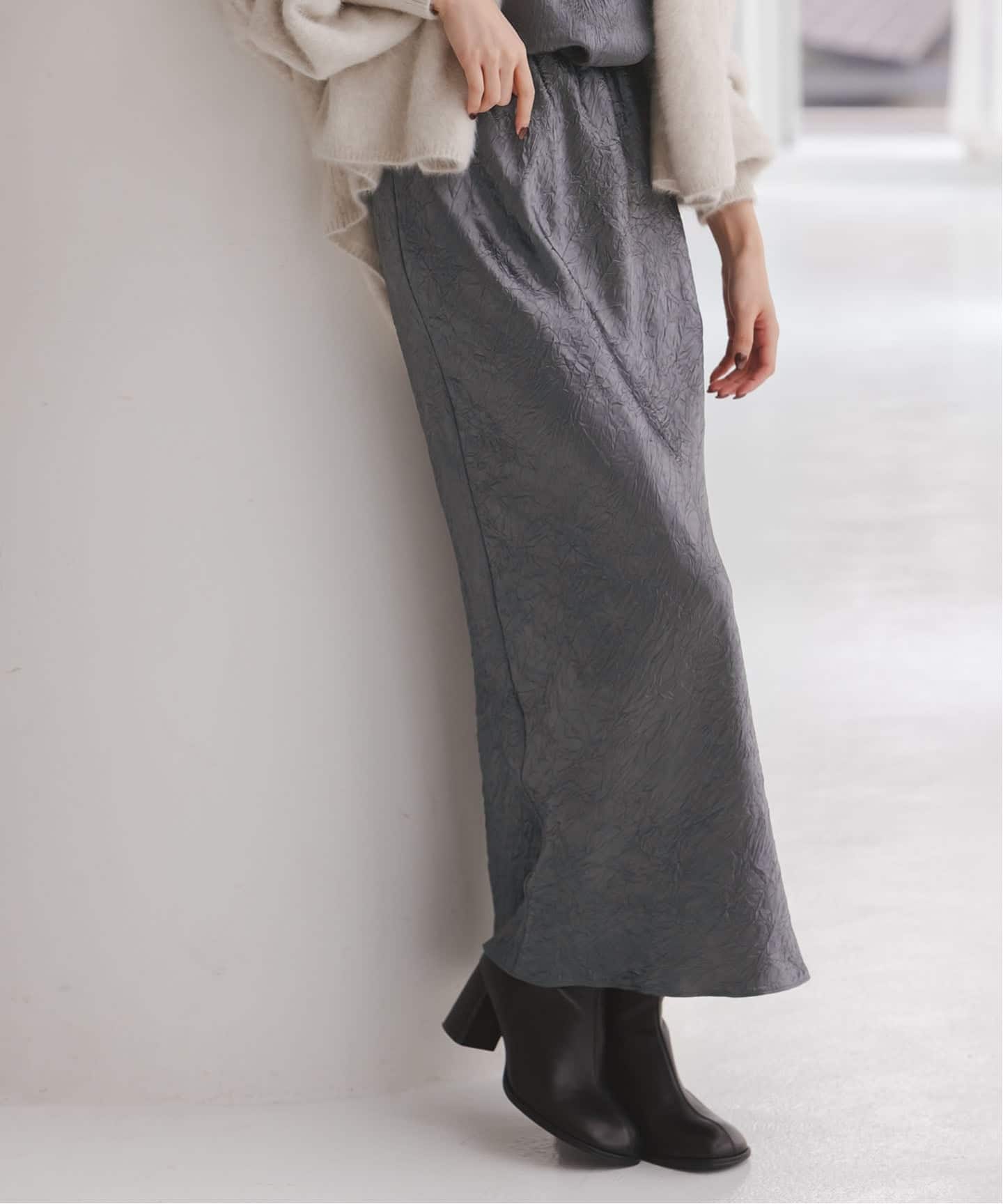 セットアップ対応》リンクルサテンナローAラインスカート（ロング