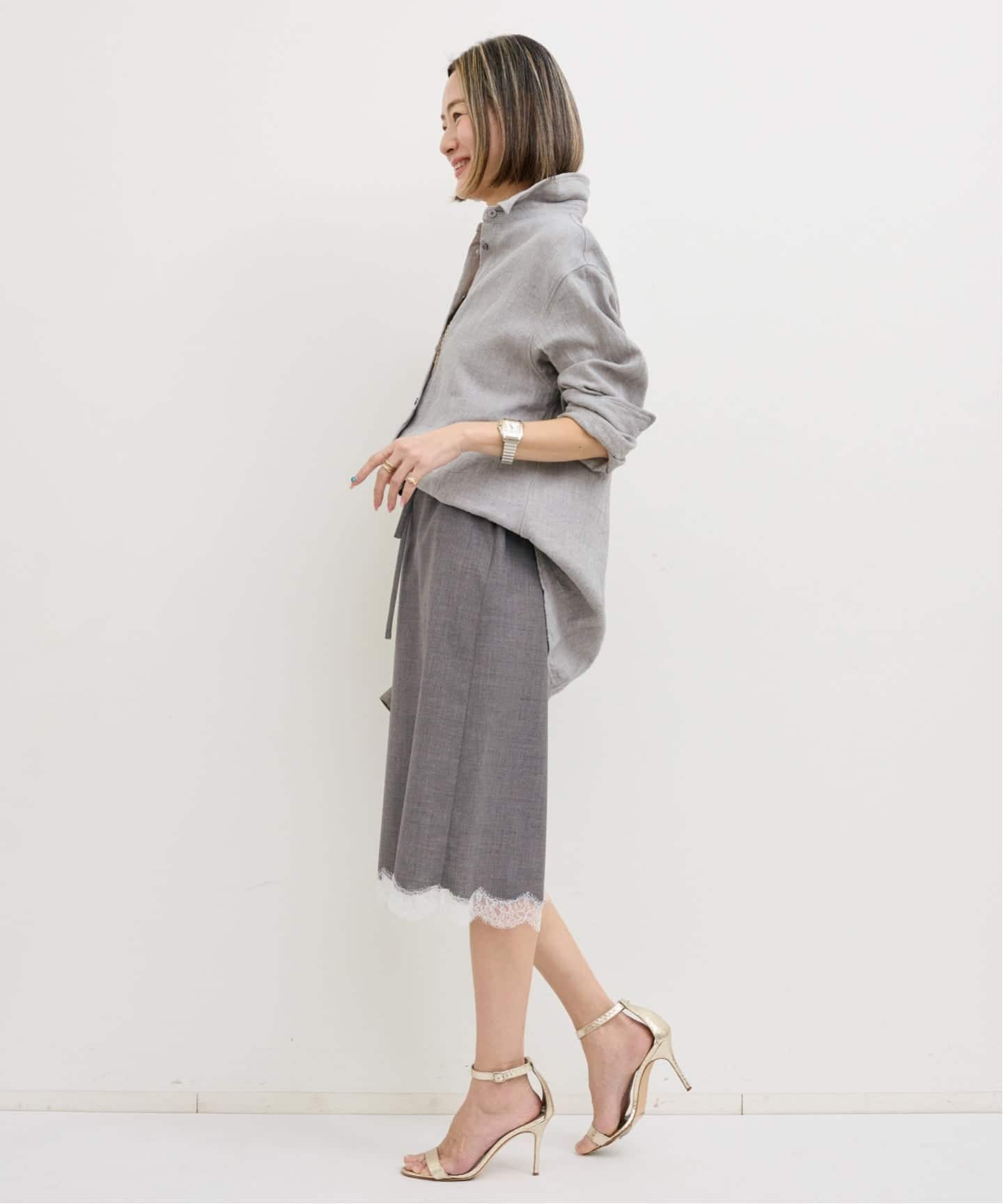 マディソンブルー ウール　フレアロングスカート　グレー　01 MADISON BLUE/マディソン ブルー】LACE MIDDLE SKIRT（その他スカート