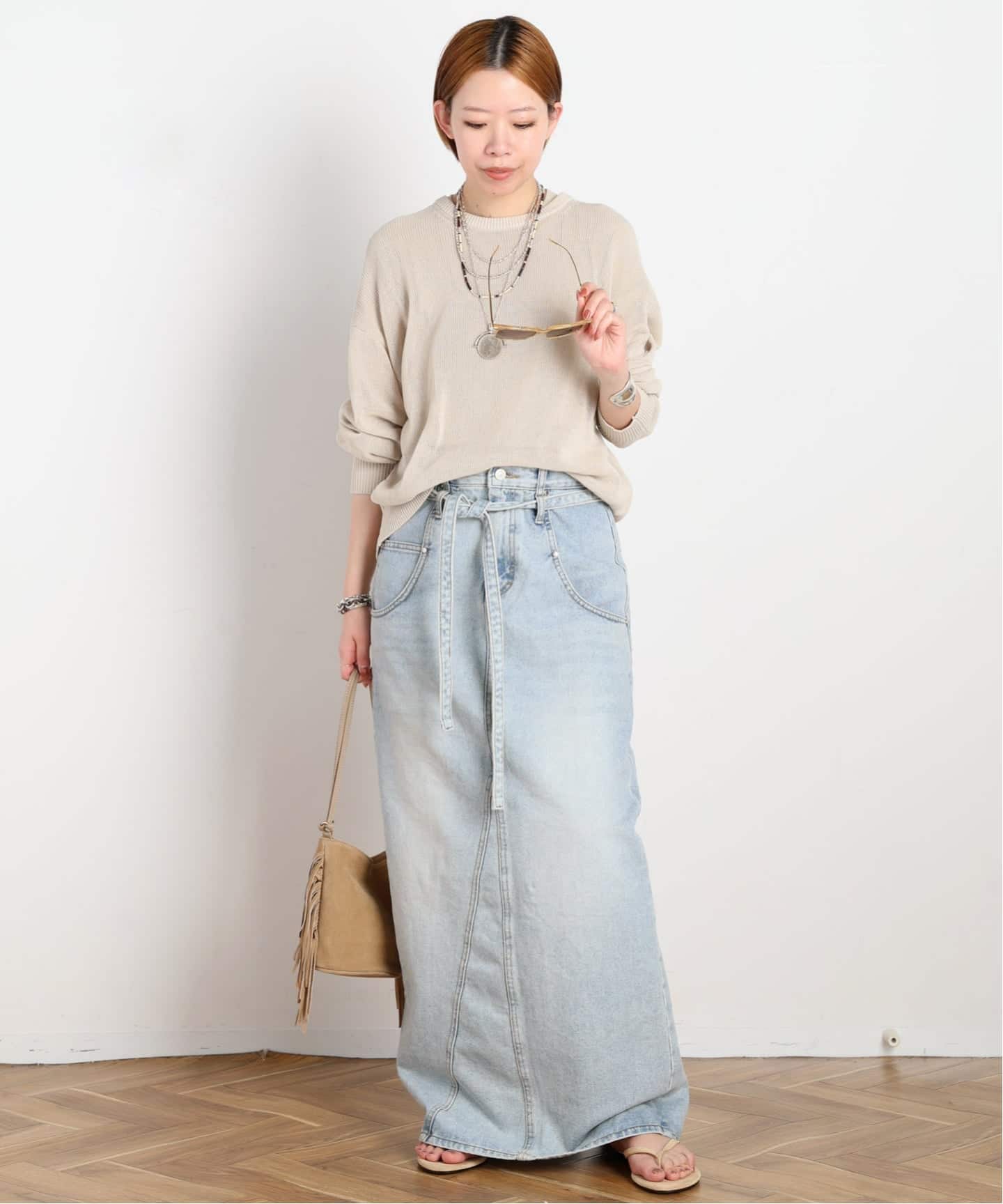 超美品☆AP STUDIO LOW CLASSIC ハイウエストデニムスカート LOW CLASSIC/ロウ・クラシック】BELTED HIGH WAIST DENIM SKIR（ロング