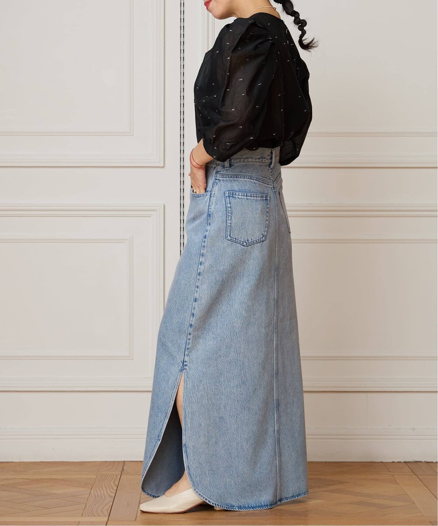 IENA LA BOUCLE ソフトデニムスリットスカート（ロング・マキシ丈