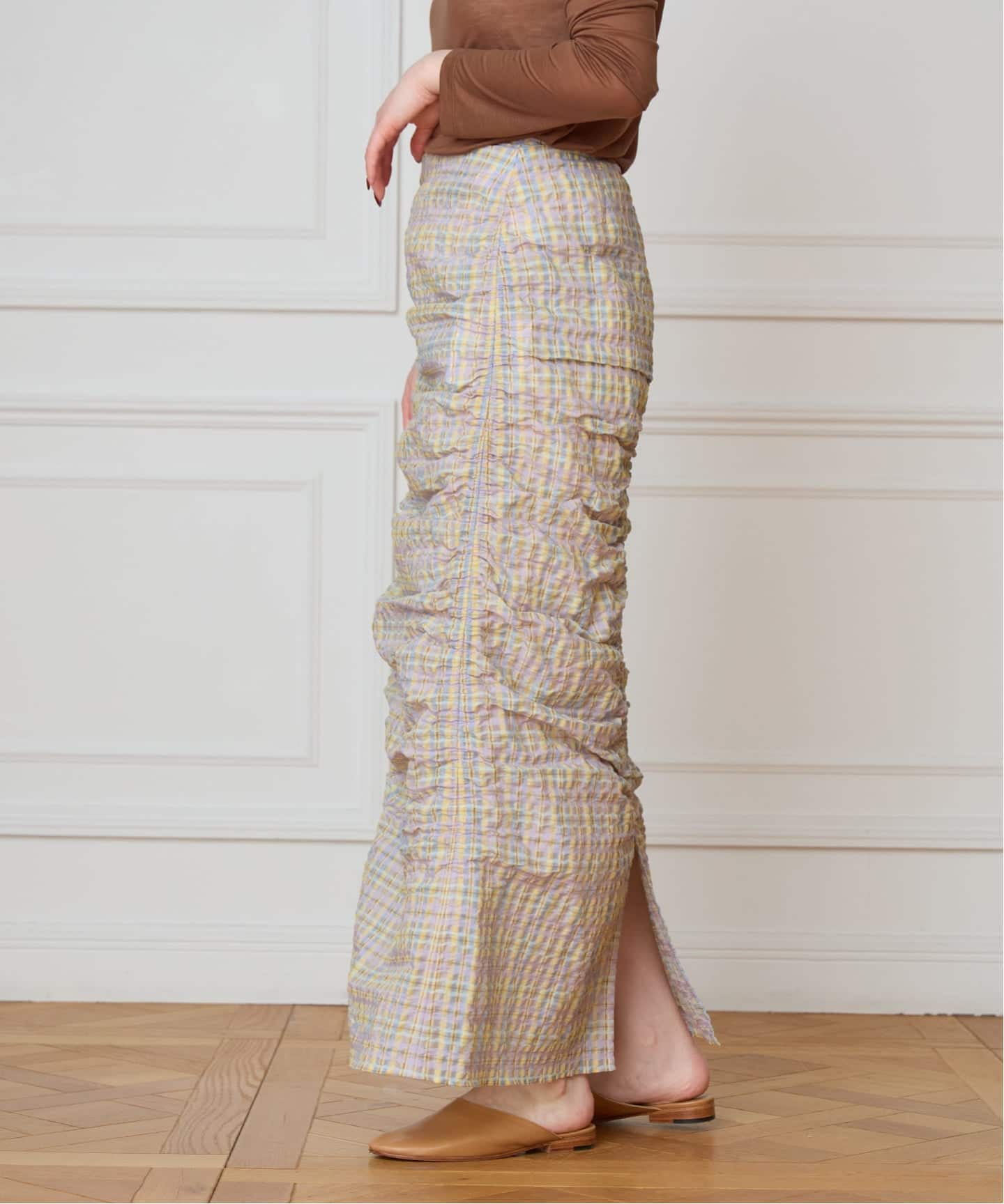 IENA LA BOUCLE シアーチェックシャーリングスカート（ロング・マキシ