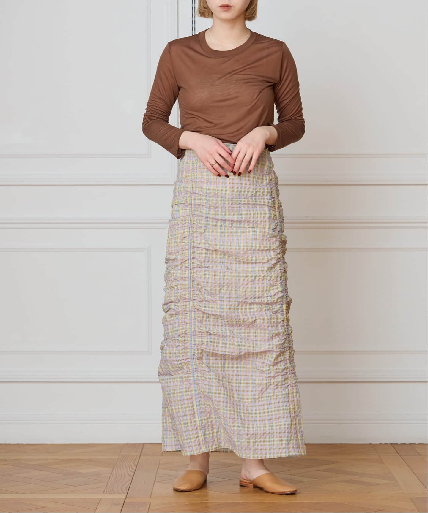 IENA LA BOUCLE シアーチェックシャーリングスカート（ロング・マキシ