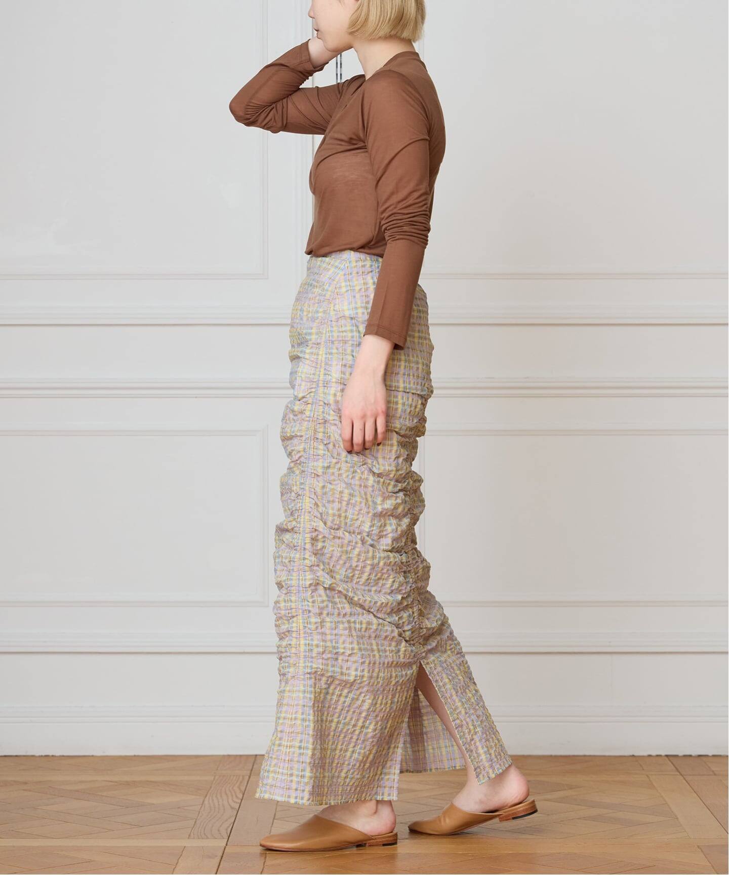 IENA LA BOUCLE シアーチェックシャーリングスカート（ロング・マキシ