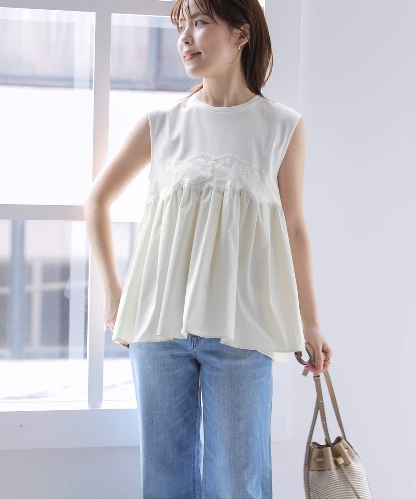 洗える】レースドッキングチュニック（Tシャツ／カットソー）｜La