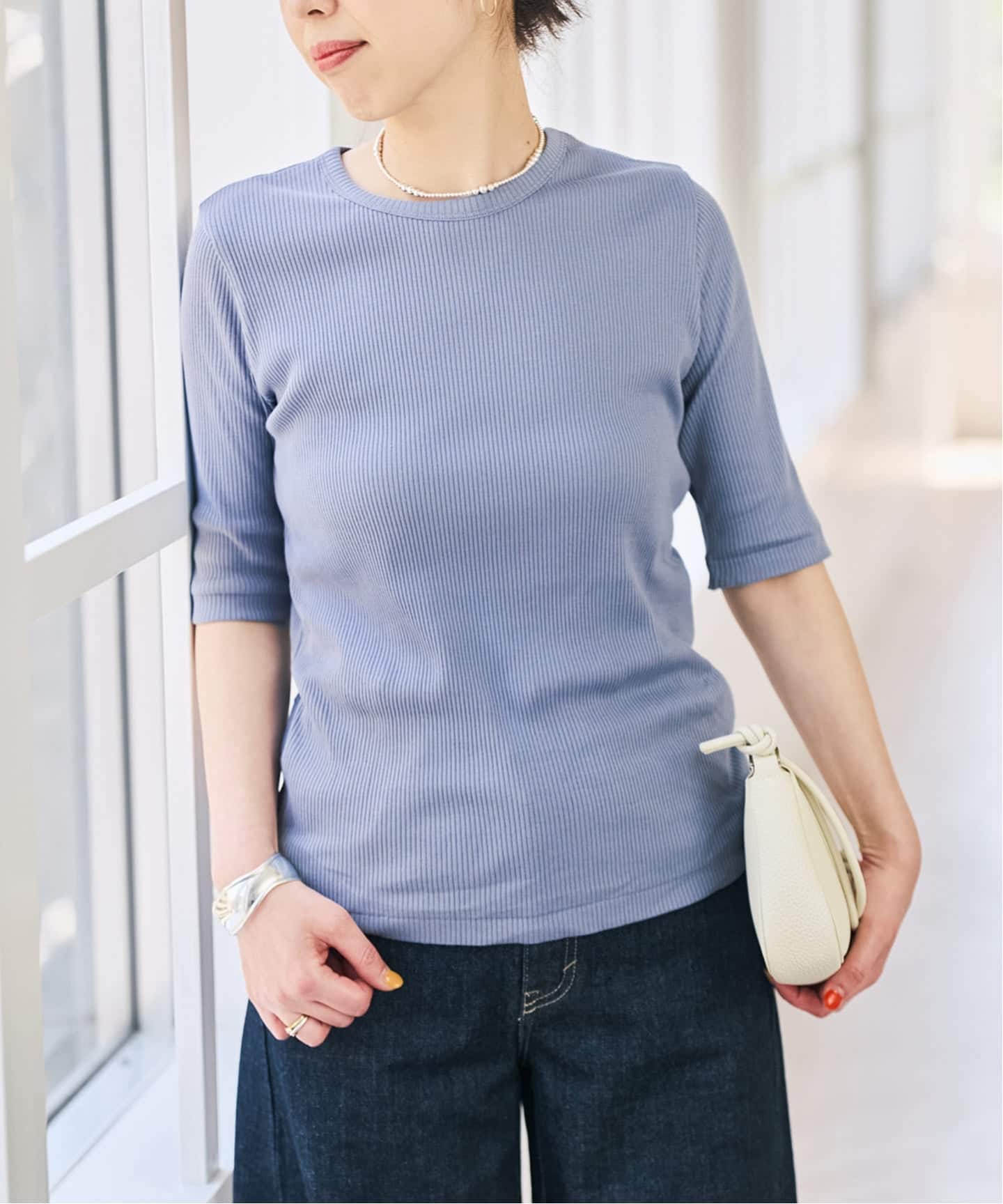 コットンシルケットリブハーフスリーブプルオーバー（Tシャツ