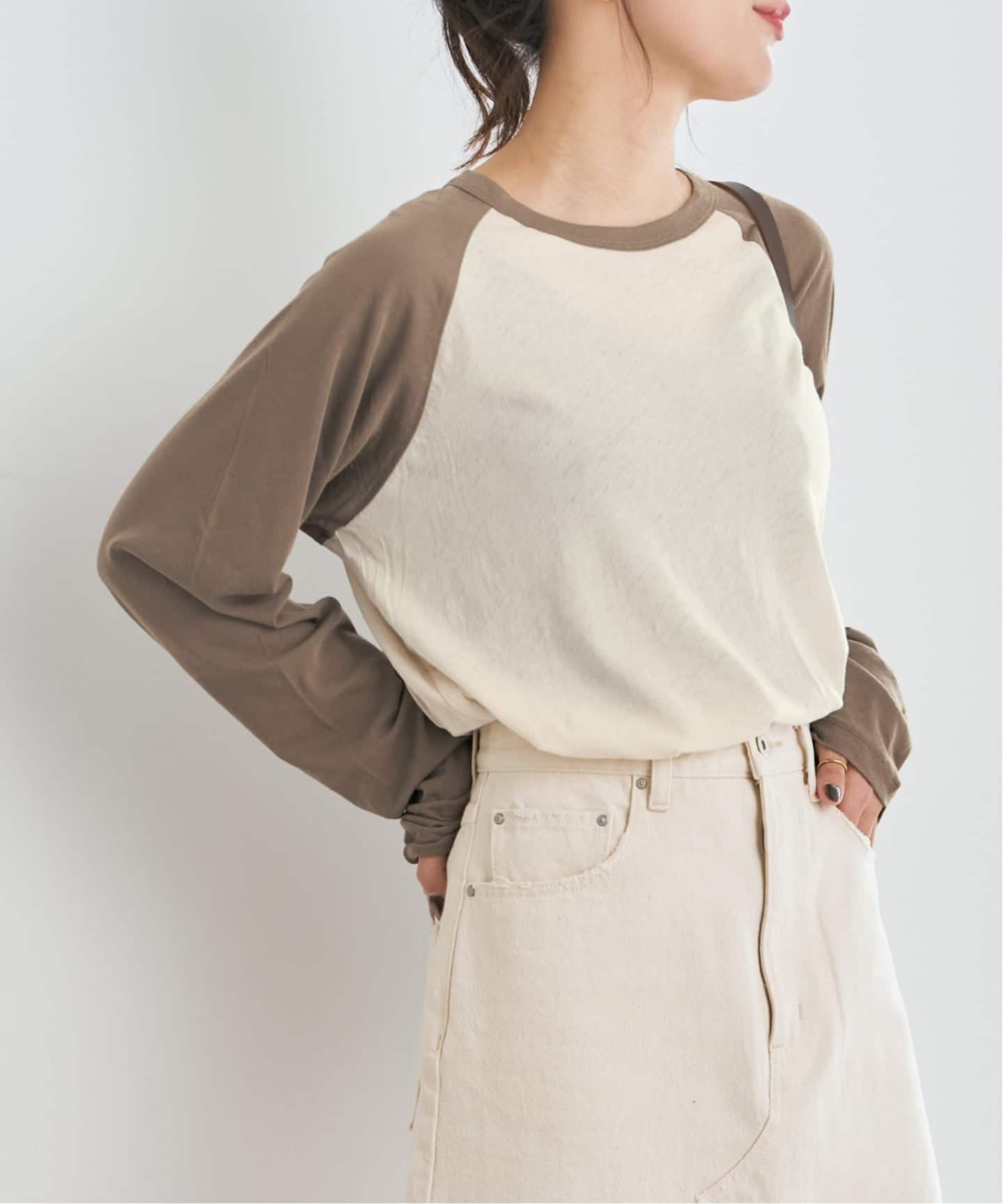 6(ROKU)  / ロク | SHEER RAGLAN SLEEVE T-SHIRT シアー ラグランスリーブ カットソー | ベージュ / ピンク | レディース 6（ロク）の「＜6(ROKU)＞SHEER RAGLAN SLEEVE T-SHIRT/Tシャツ（T