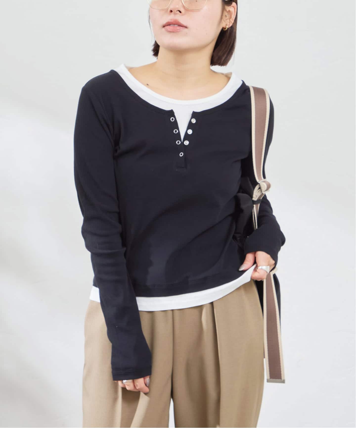 フェイクレイヤードガーゼフライストップス(Tシャツ/カットソー フェイクレイヤードガーゼフライストップス(Tシャツ/カットソー