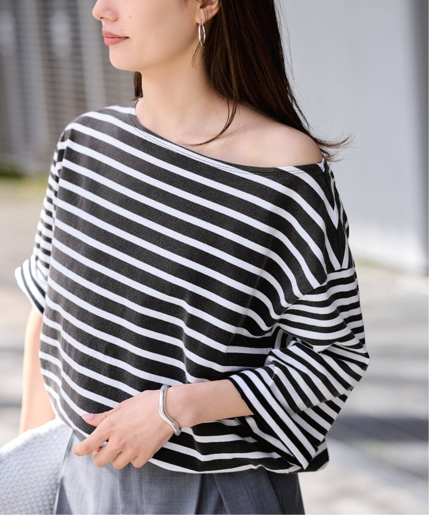 新品　フレームワーク　パネルボーダーTシャツ　ホワイト×ブラック パネルボーダーニットTシャツ (MOKN4304-11) | MORLES | 紳士服