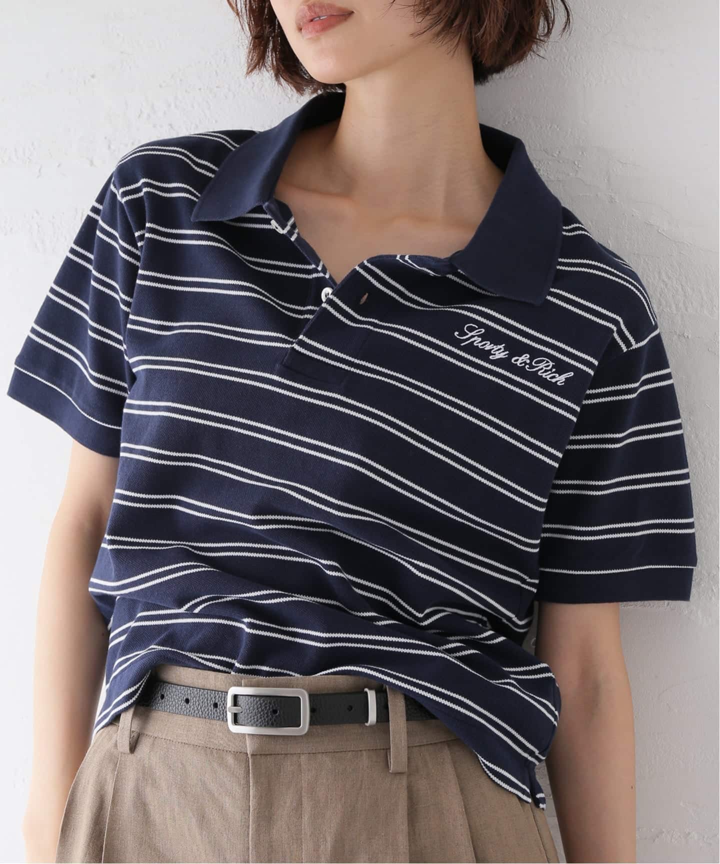 SPORTY & RICH ネイビー ポロシャツ SPORTY&RICH/スポーティアンドリッチ Signature Logo Polo ポロシャツ