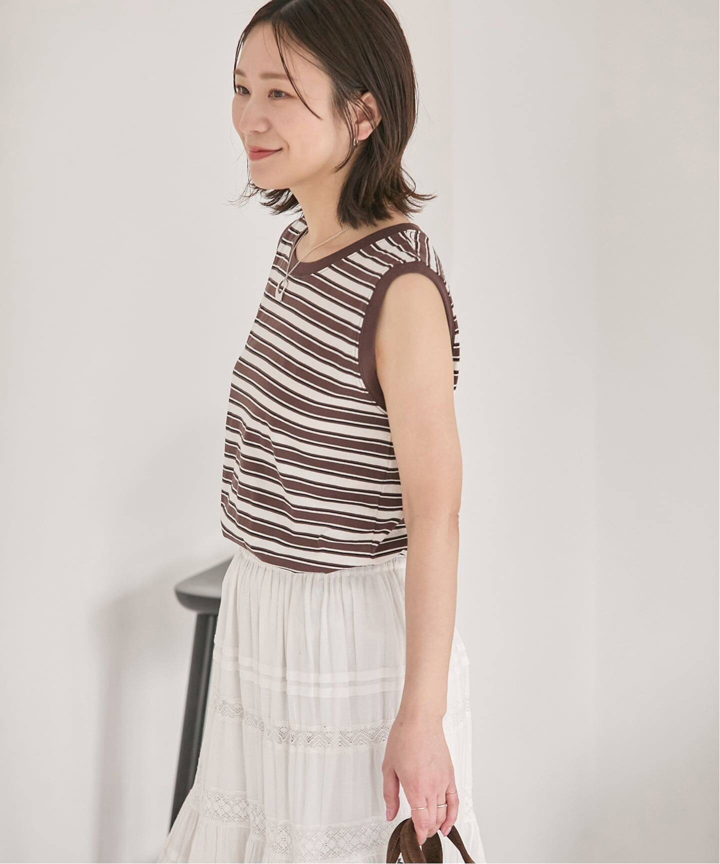 45R イカットボーダーNO SLEEVE TOP 追加2》汗ジミ防止天竺ボーダーノースリーブ（Tシャツ／カットソー