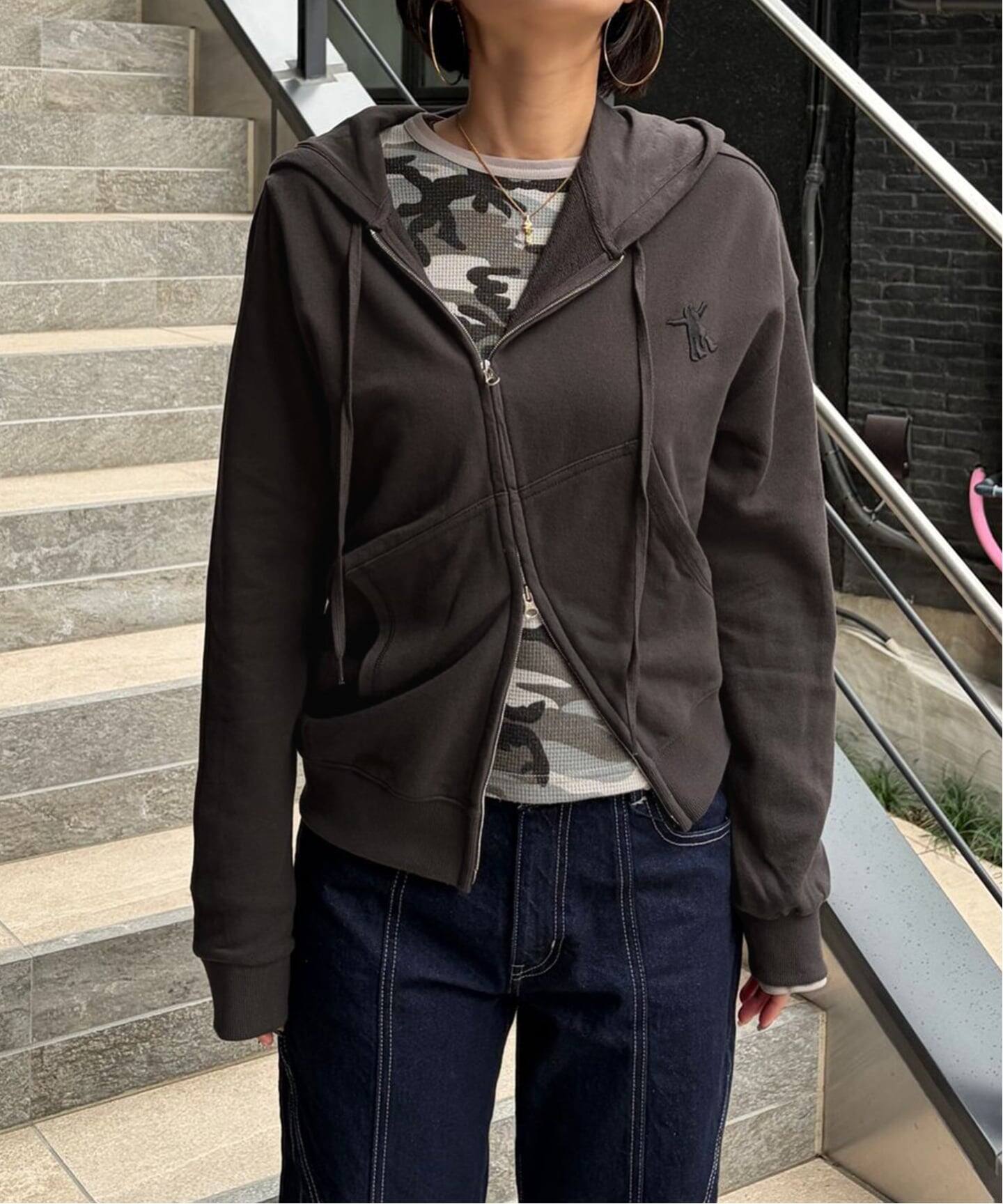 OPEN YY / オープンワイワイ】 Knitted SLANT ZIP HOODIE（パーカー 