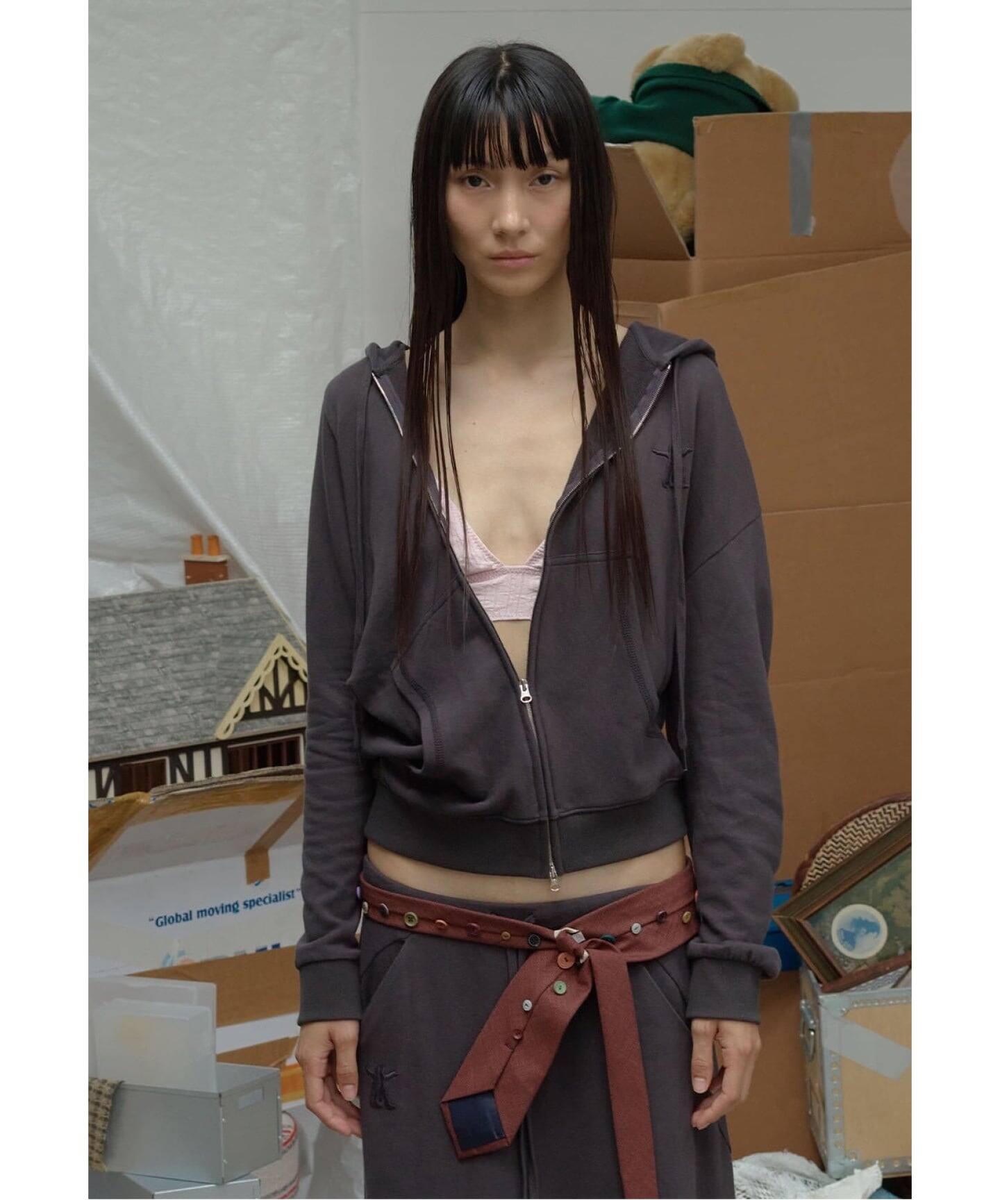 OPEN YY / オープンワイワイ】 Knitted SLANT ZIP HOODIE（パーカー 