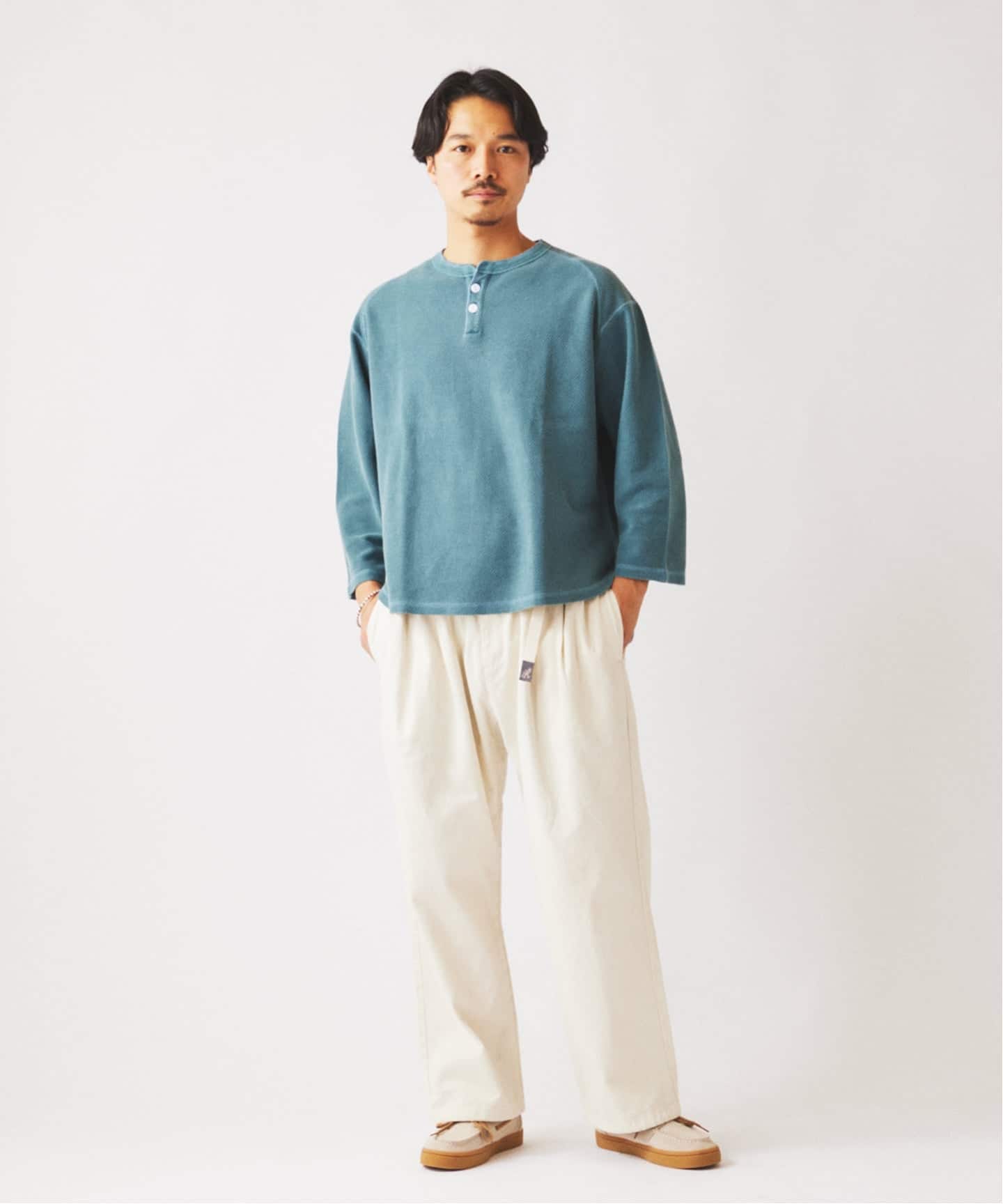 製品染め バックピケ ヘンリーネック 7分袖 Tシャツ（Tシャツ