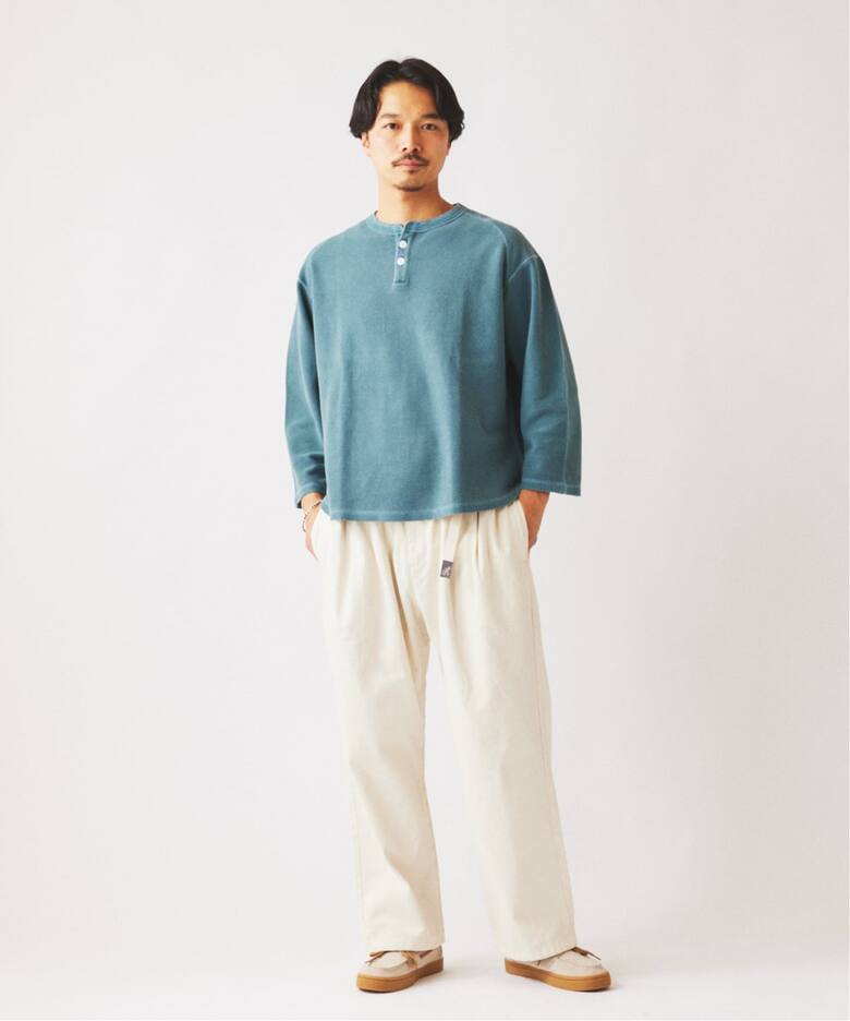 製品染め バックピケ ヘンリーネック 7分袖 Tシャツ（Tシャツ 