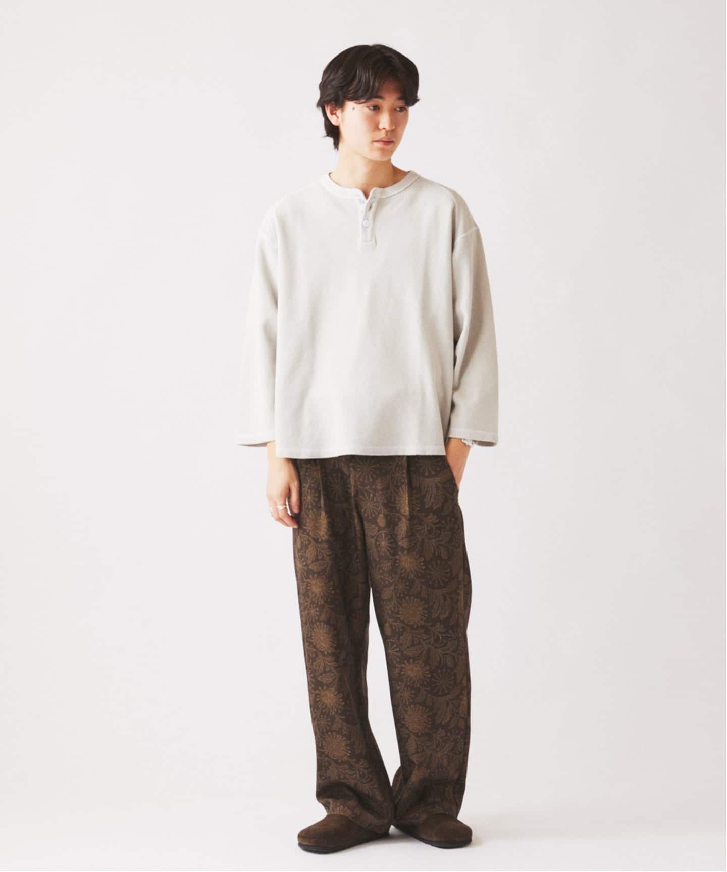 製品染め バックピケ ヘンリーネック 7分袖 Tシャツ（Tシャツ