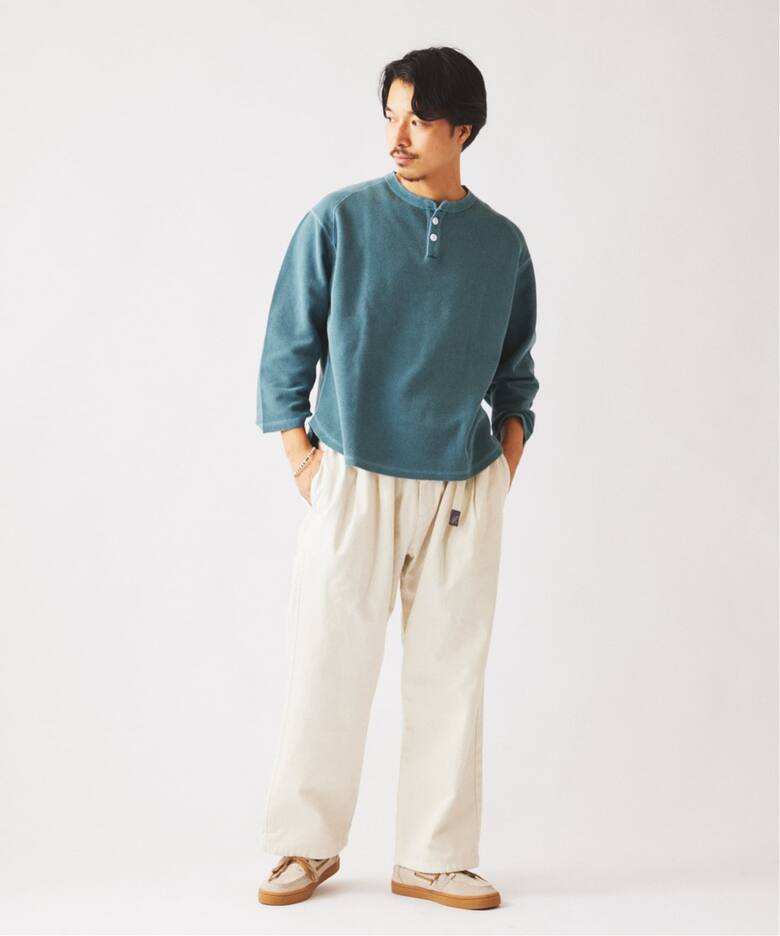 製品染め バックピケ ヘンリーネック 7分袖 Tシャツ（Tシャツ 
