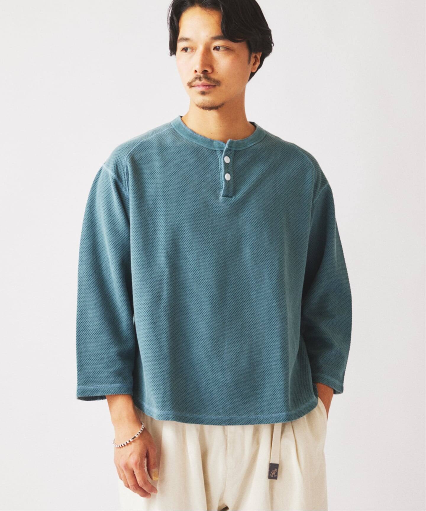製品染め バックピケ ヘンリーネック 7分袖 Tシャツ（Tシャツ