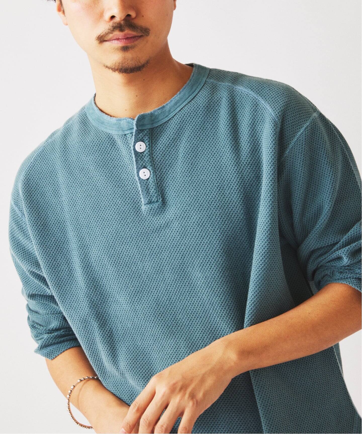 製品染め バックピケ ヘンリーネック 7分袖 Tシャツ（Tシャツ