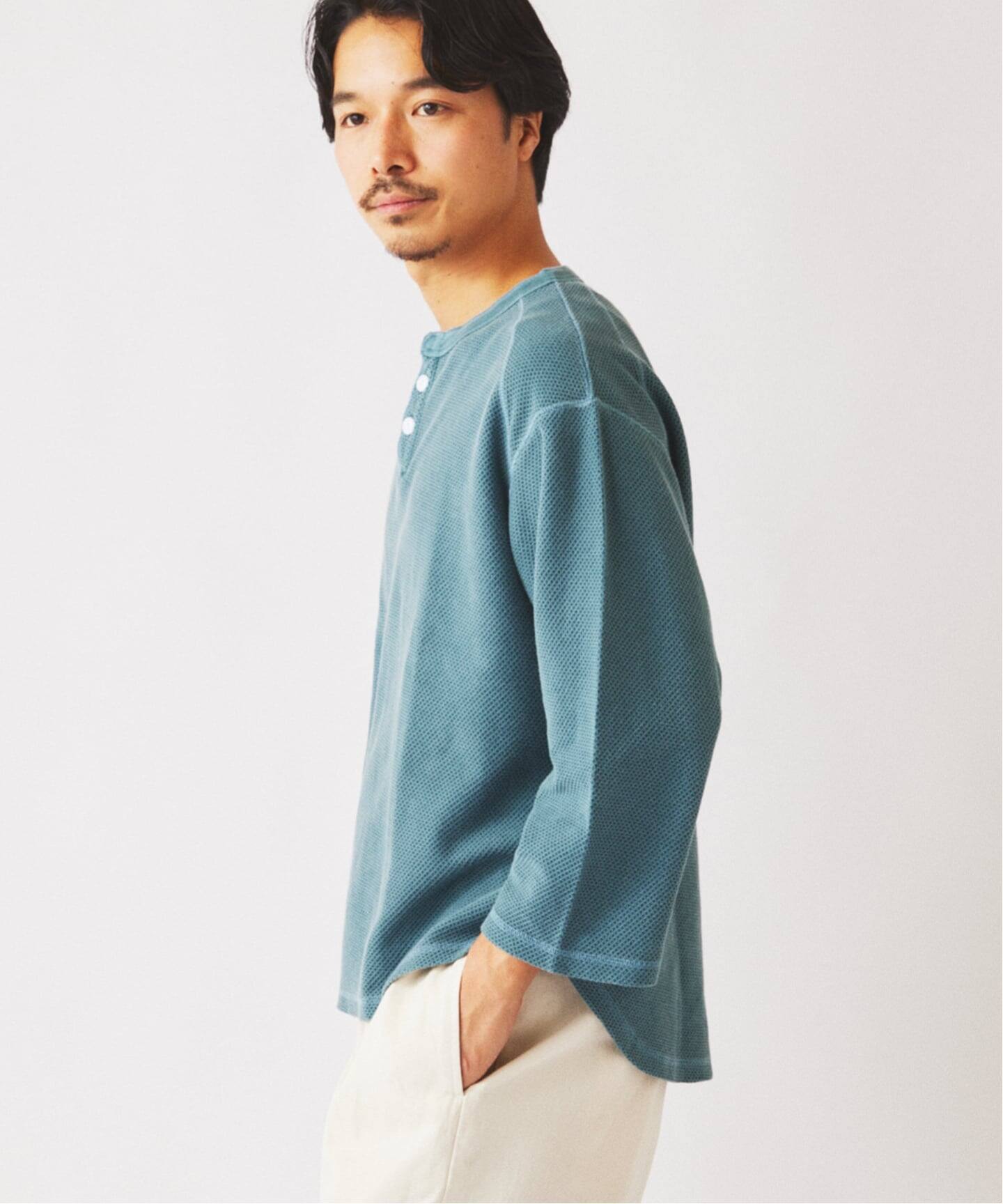 製品染め バックピケ ヘンリーネック 7分袖 Tシャツ（Tシャツ