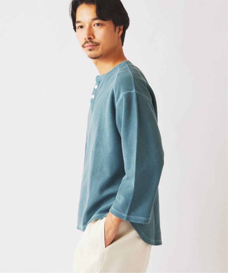 製品染め バックピケ ヘンリーネック 7分袖 Tシャツ（Tシャツ 