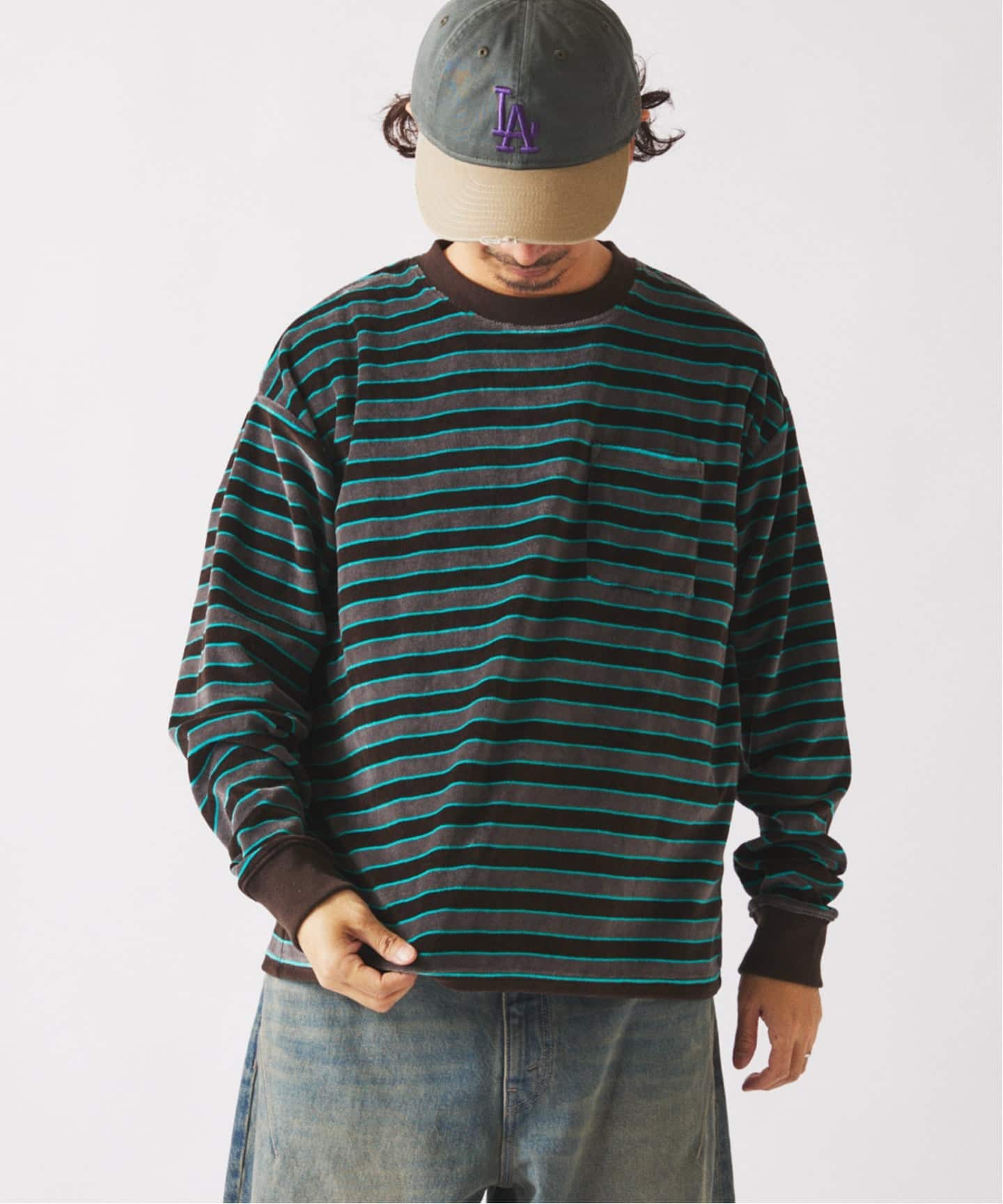 ベルベットタッチ ベロアボーダー ロンT（Tシャツ／カットソー