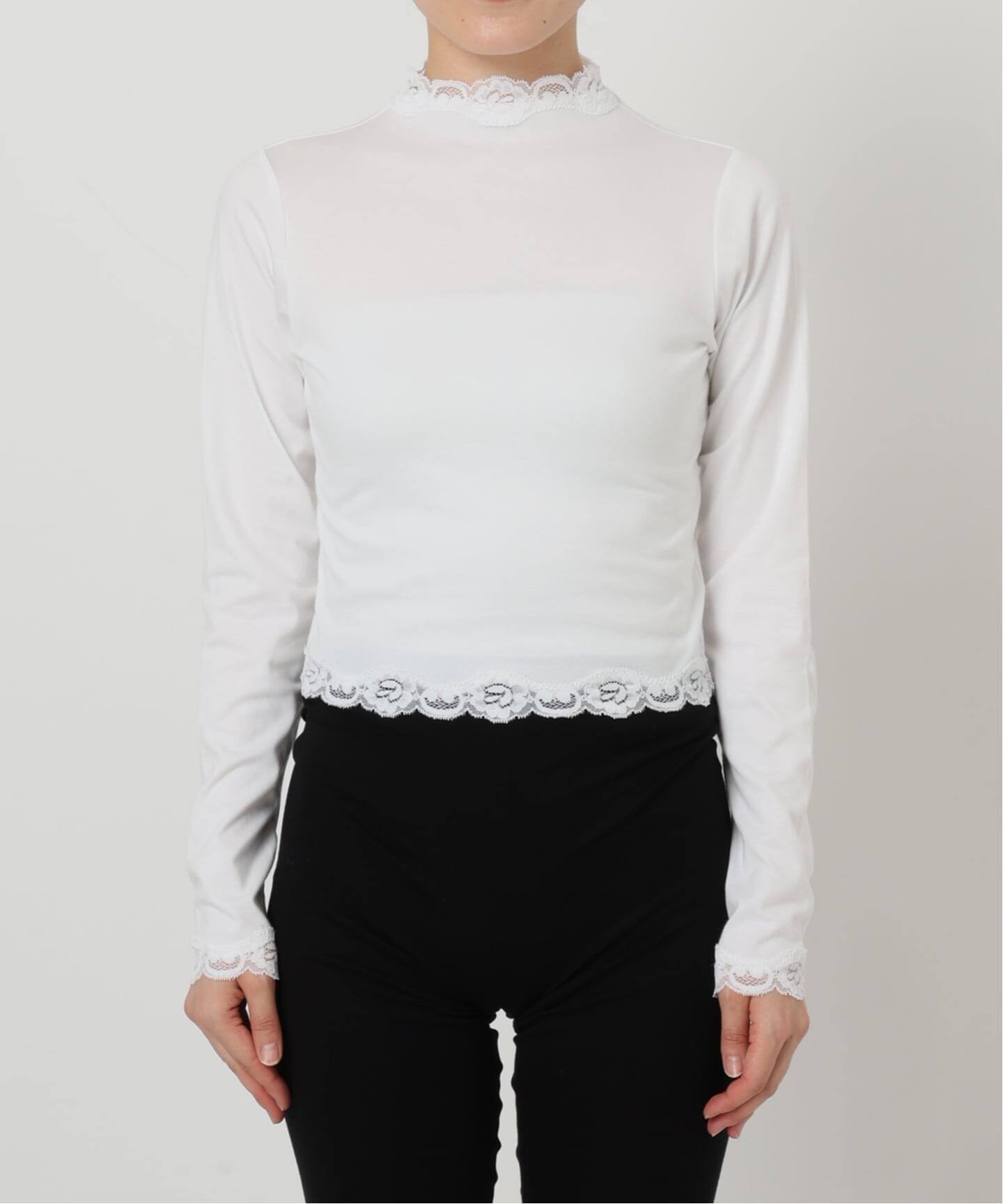 EDIT.FOR LULU レーストリムハイネックトップ(ホワイト) 追加》レーストリムハイネックトップ（Tシャツ／カットソー）｜EDIT