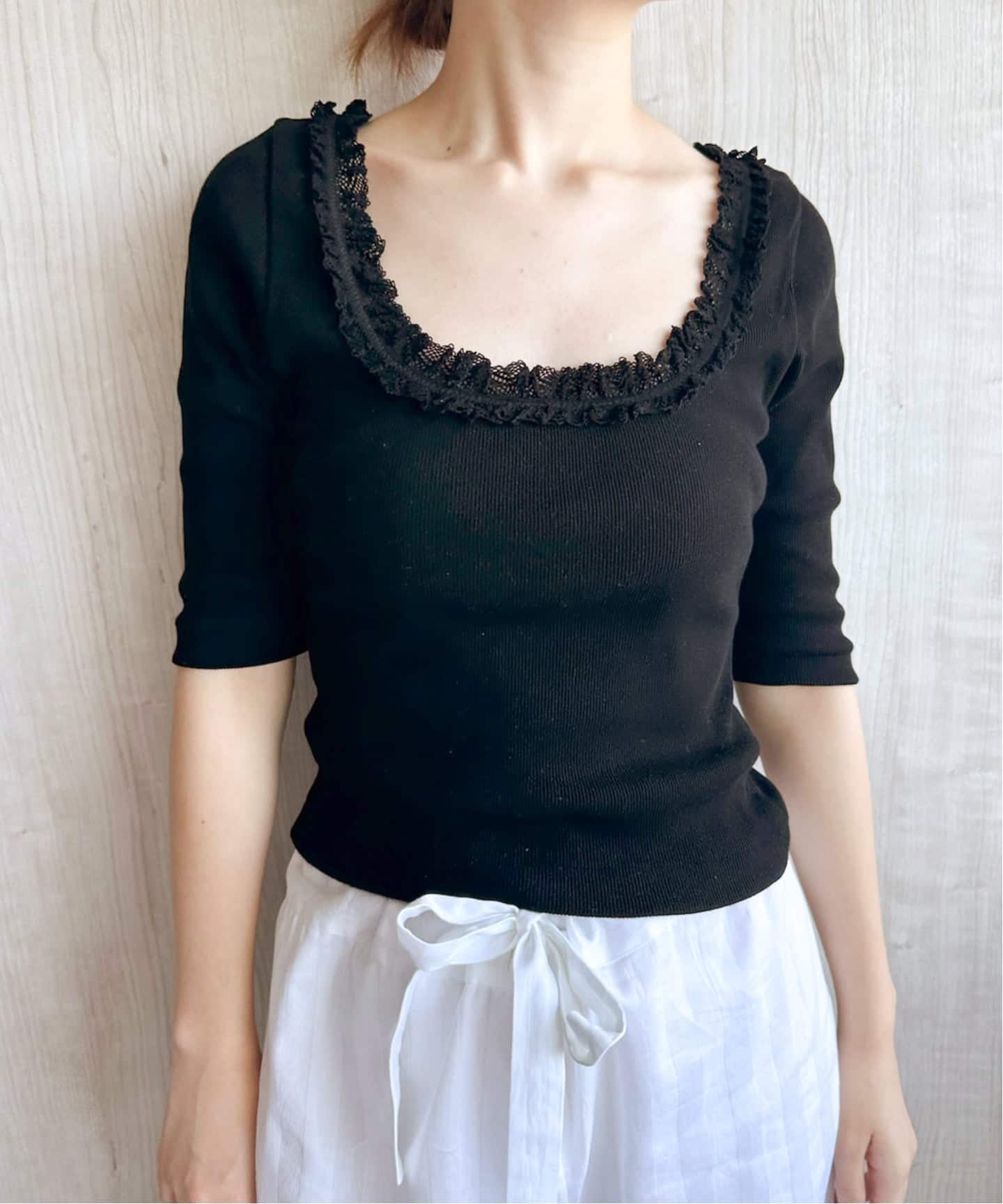 コットンレーストリム ハーフスリーブトップ（Tシャツ／カットソー