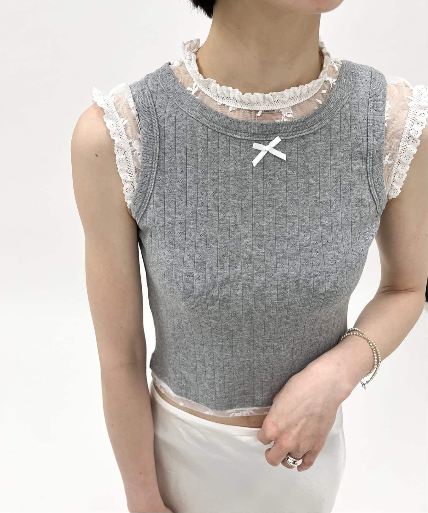 YUHAN WANG/ユハン ワン】lace trim bow tank top（Tシャツ
