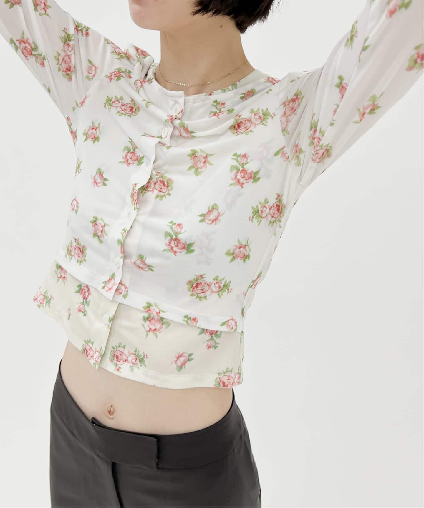 YUHAN WANG/ユハン ワン】rose print twinset blouse（Tシャツ