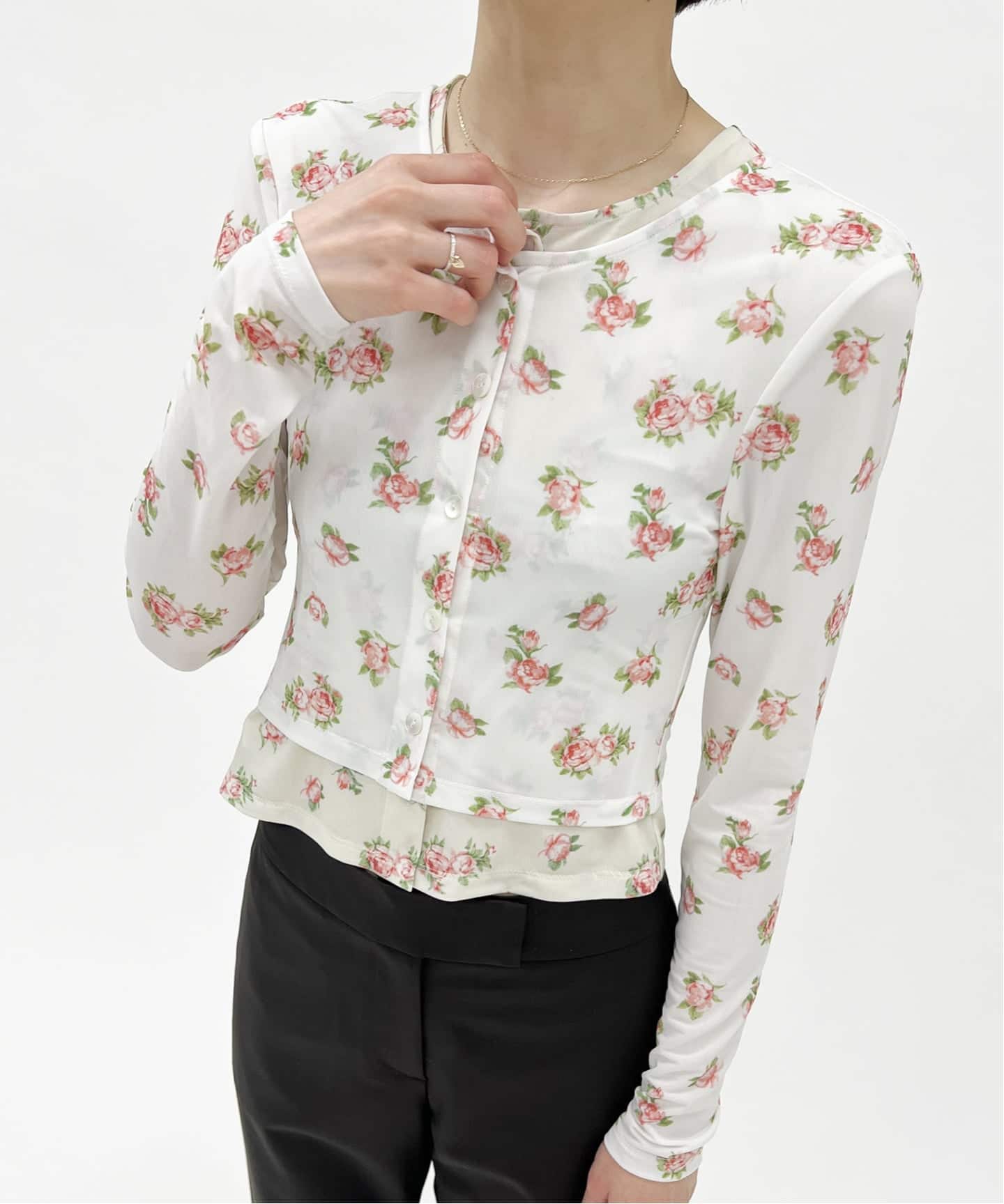 YUHAN WANG/ユハン ワン】rose print twinset blouse（Tシャツ