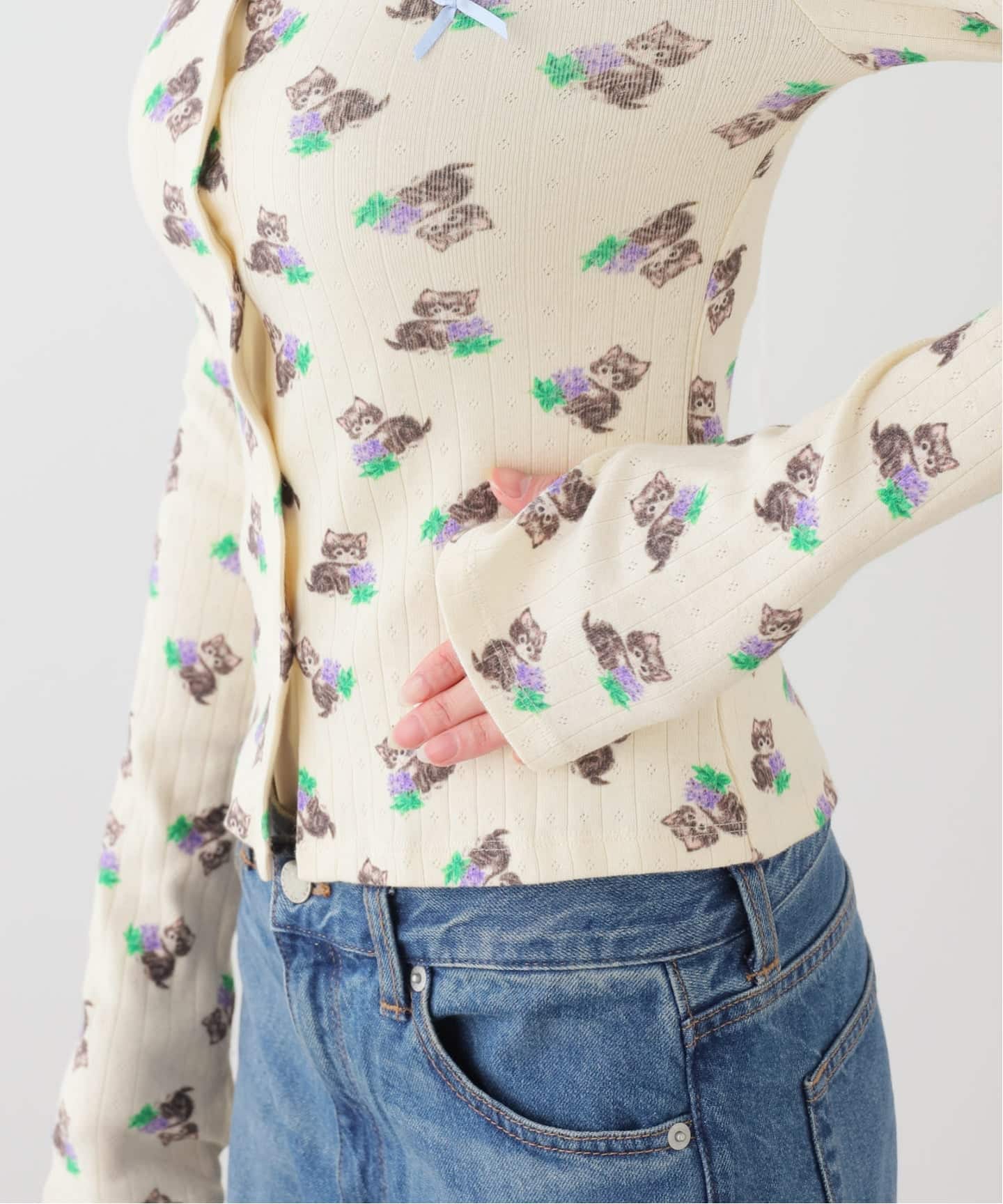 【YUHAN WANG/ユハン・ワン】purr kitty print top YUHAN WANG/ユハン・ワン】kitty print cardigan（Tシャツ／カットソー