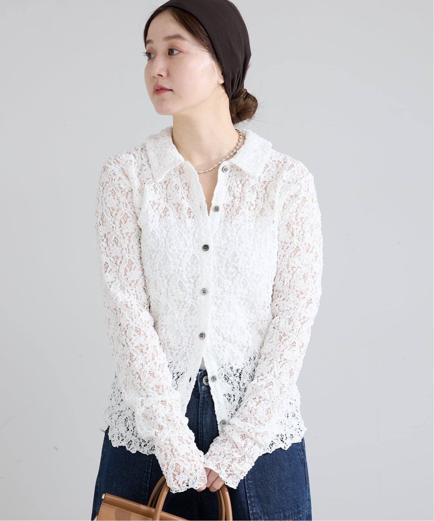 IENA Flowerストレッチレース ポロシャツ 追加》Flowerストレッチレース ポロシャツ（Tシャツ／カットソー