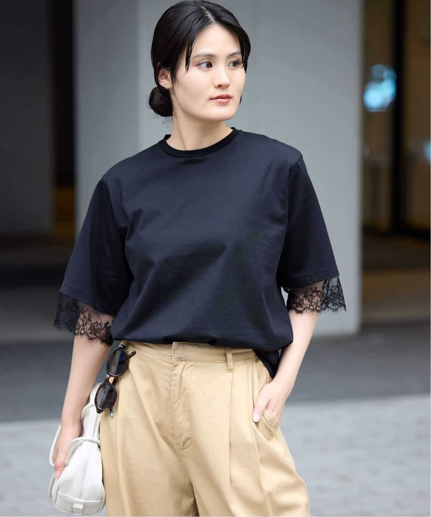 完売タグ付き未使用 IENA レースコンビTシャツ　黒 リバーレースコンビTシャツ（Tシャツ／カットソー）｜IENA（イエナ）の