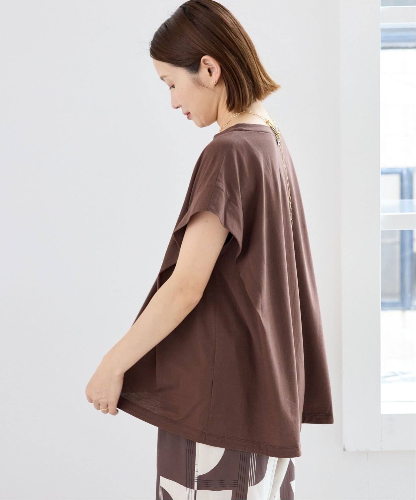 【ロズ】PRY レイヤードUネックTシャツ ブラウン サイズ1 追加/接触冷感》フレンチタックスリーブ ドロストTシャツ（Tシャツ