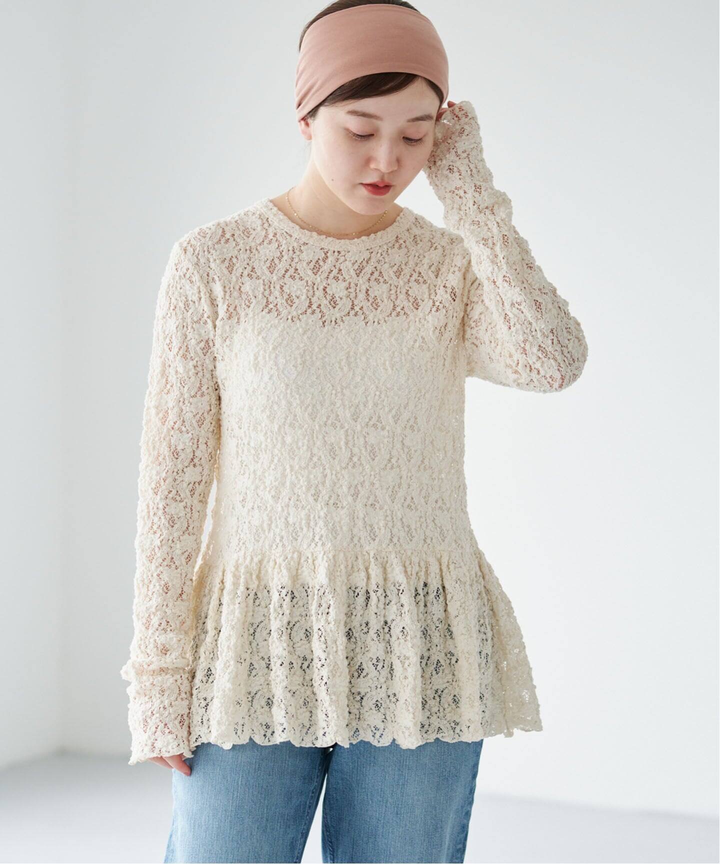 IENA Flowerストレッチレース ペプラムプルオーバー WEB限定/追加予約》Flowerストレッチレース ペプラムプルオーバー（T