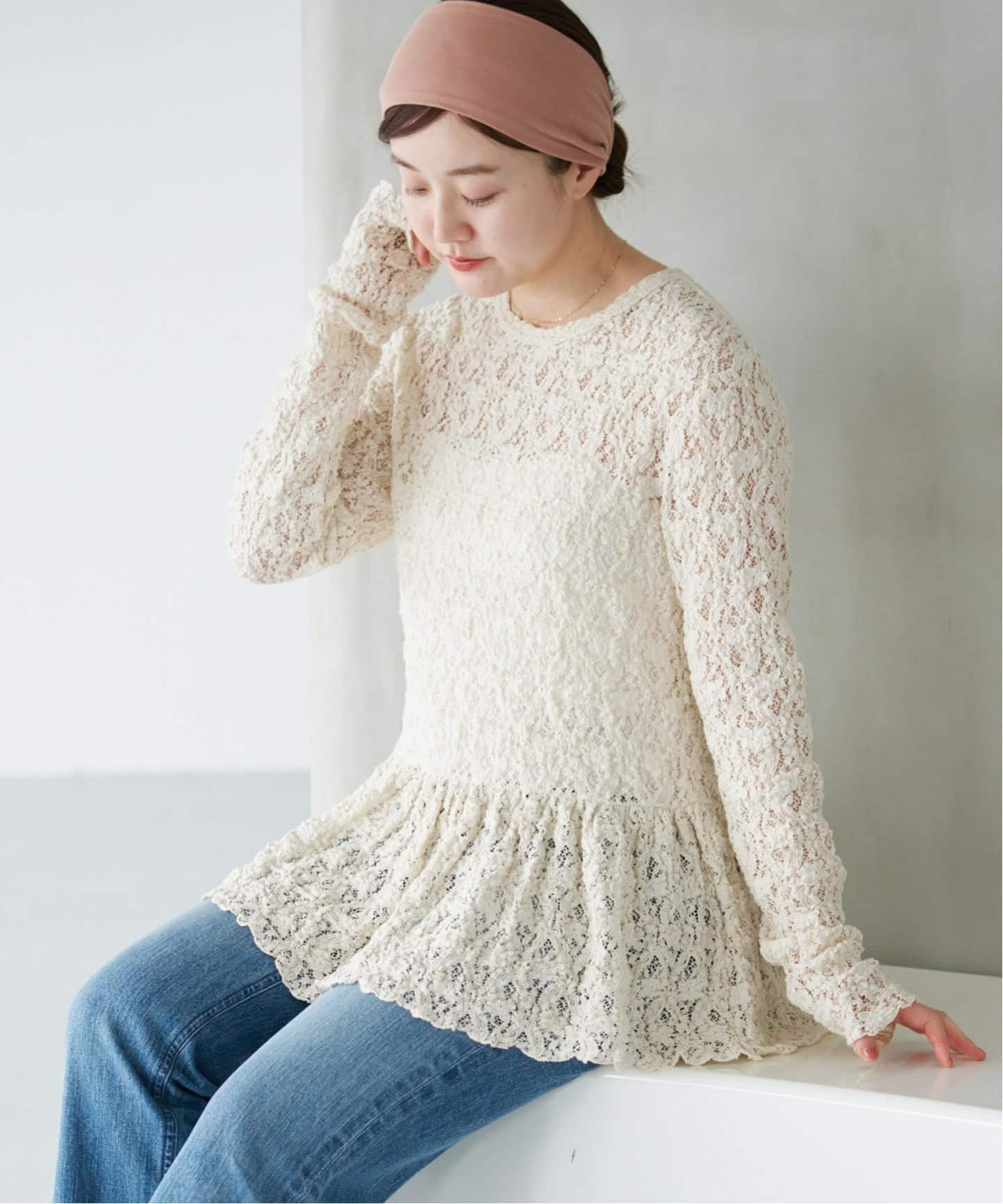 IENA Flowerストレッチレース　ペプラムプルオーバー WEB限定/追加予約》Flowerストレッチレース ペプラムプルオーバー（T