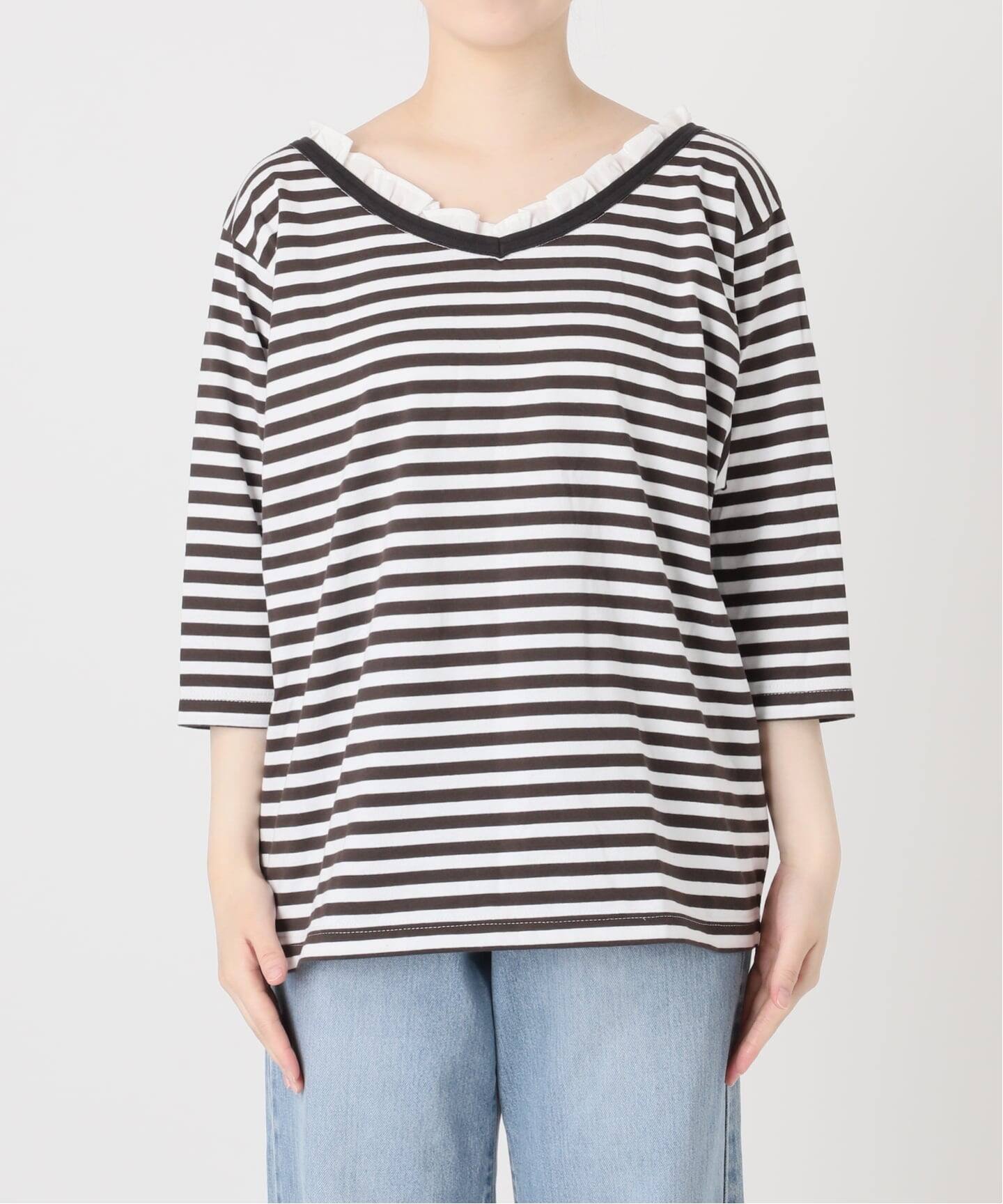 BLACK フリル付きボーダーカットソー（Tシャツ／カットソー）｜IENA
