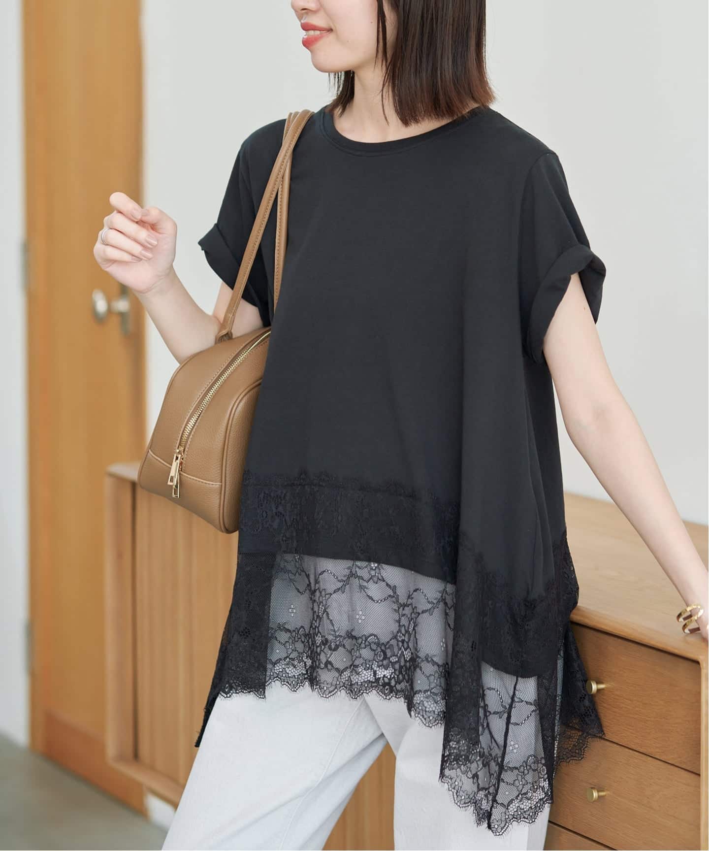 シリーズあり》レースコンビハーフスリーブカットソー（Tシャツ