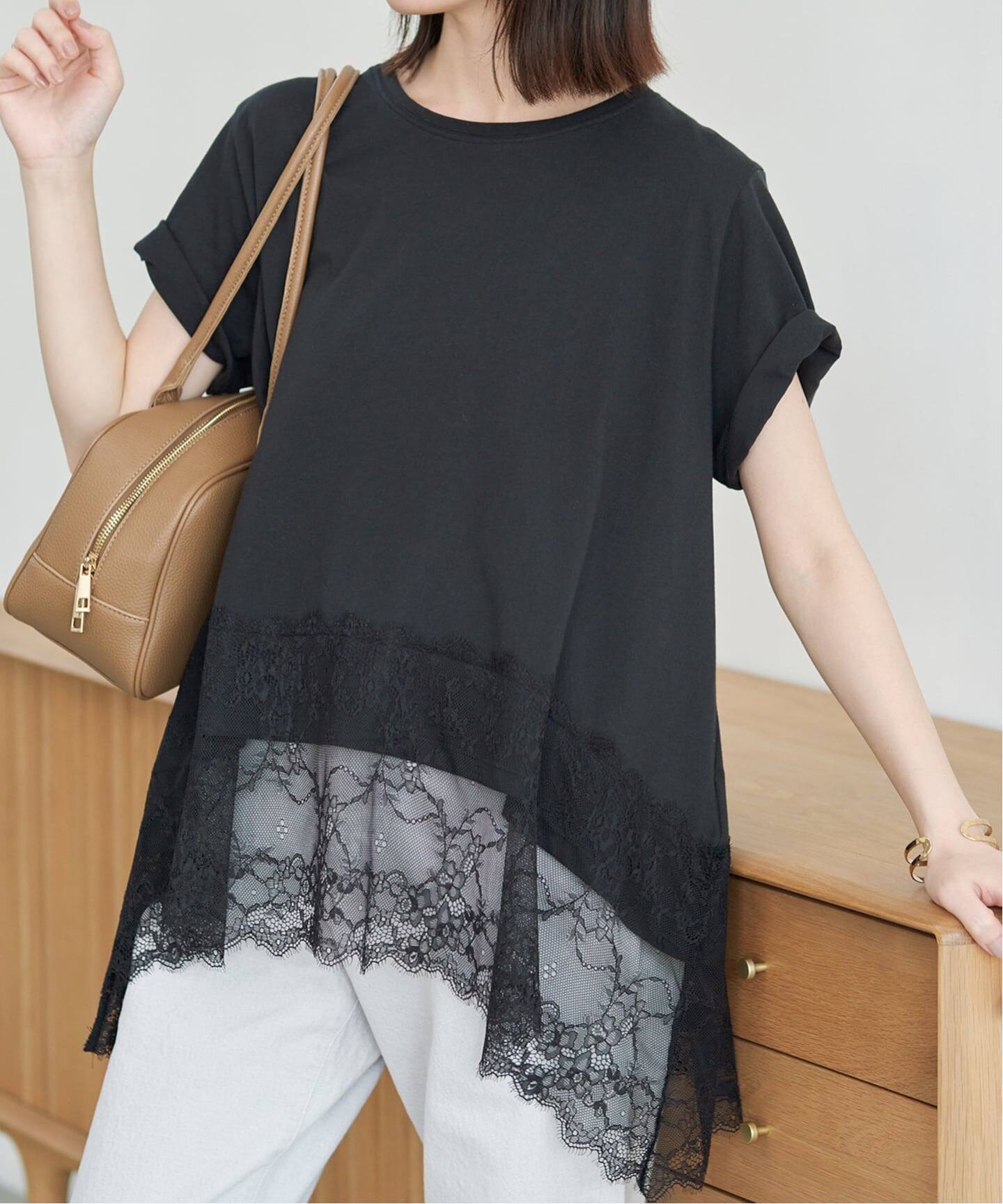 シリーズあり》レースコンビハーフスリーブカットソー（Tシャツ 