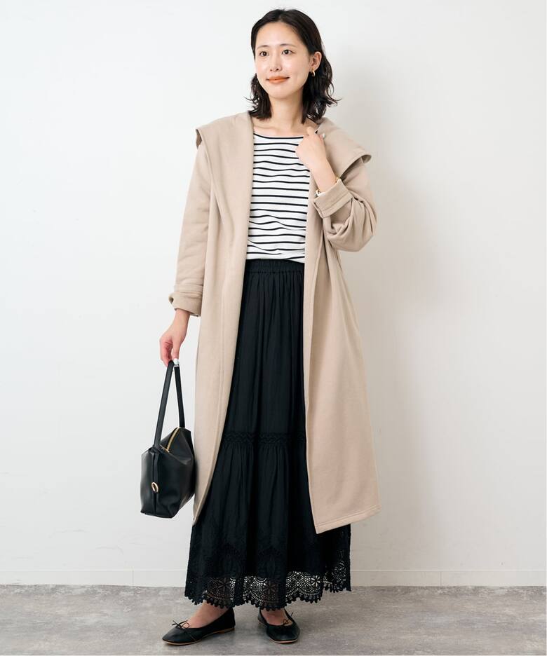 IENA フード付きロングコート グレー・ベージュ Lサイズくらい INED P 
