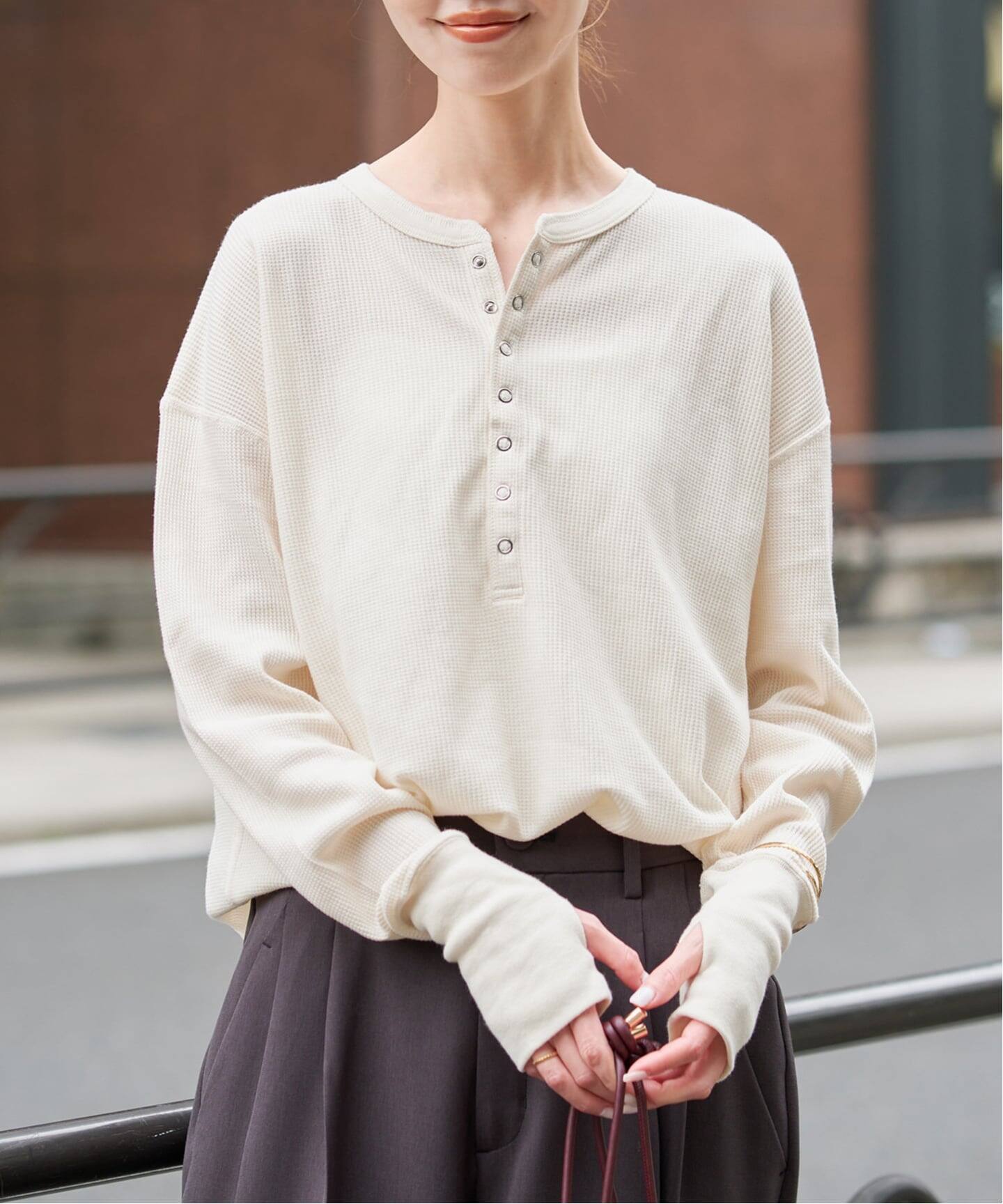 予約》HANES/ヘインズ SLOBE別注 ヘンリーネックワッフル ロンTEE（T