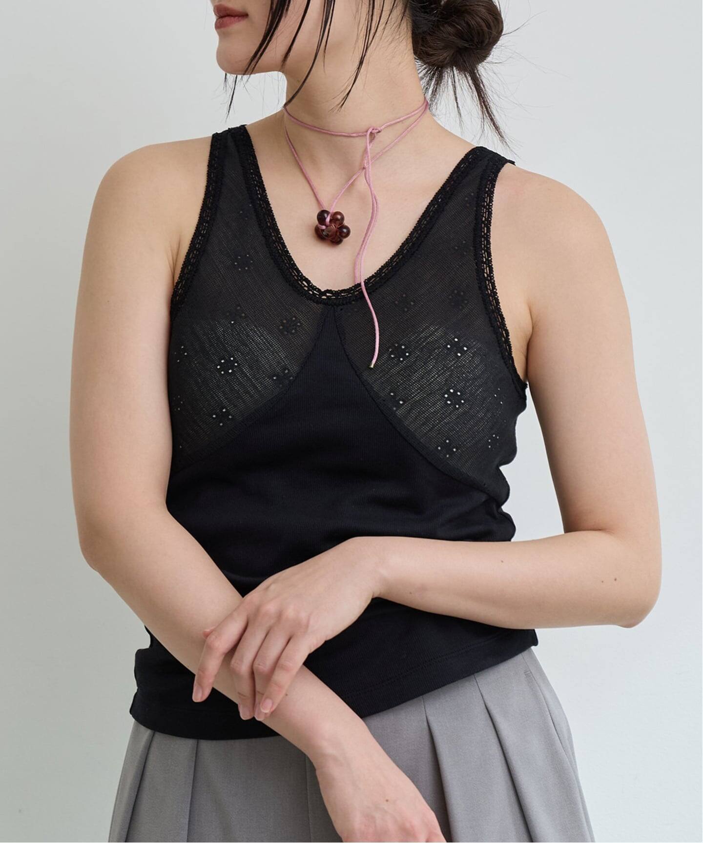 IENA LA BOUCLE テレコレースコンビタンクトップ（タンクトップ 