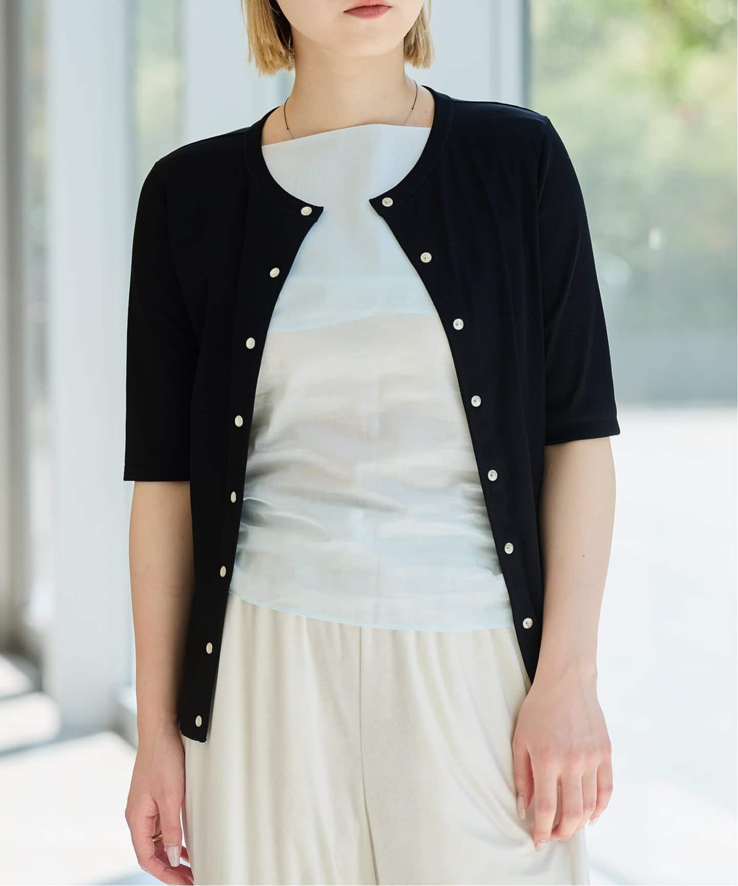 IENA LA BOUCLE コットンリブスナップハーフスリーブカーディガン（T