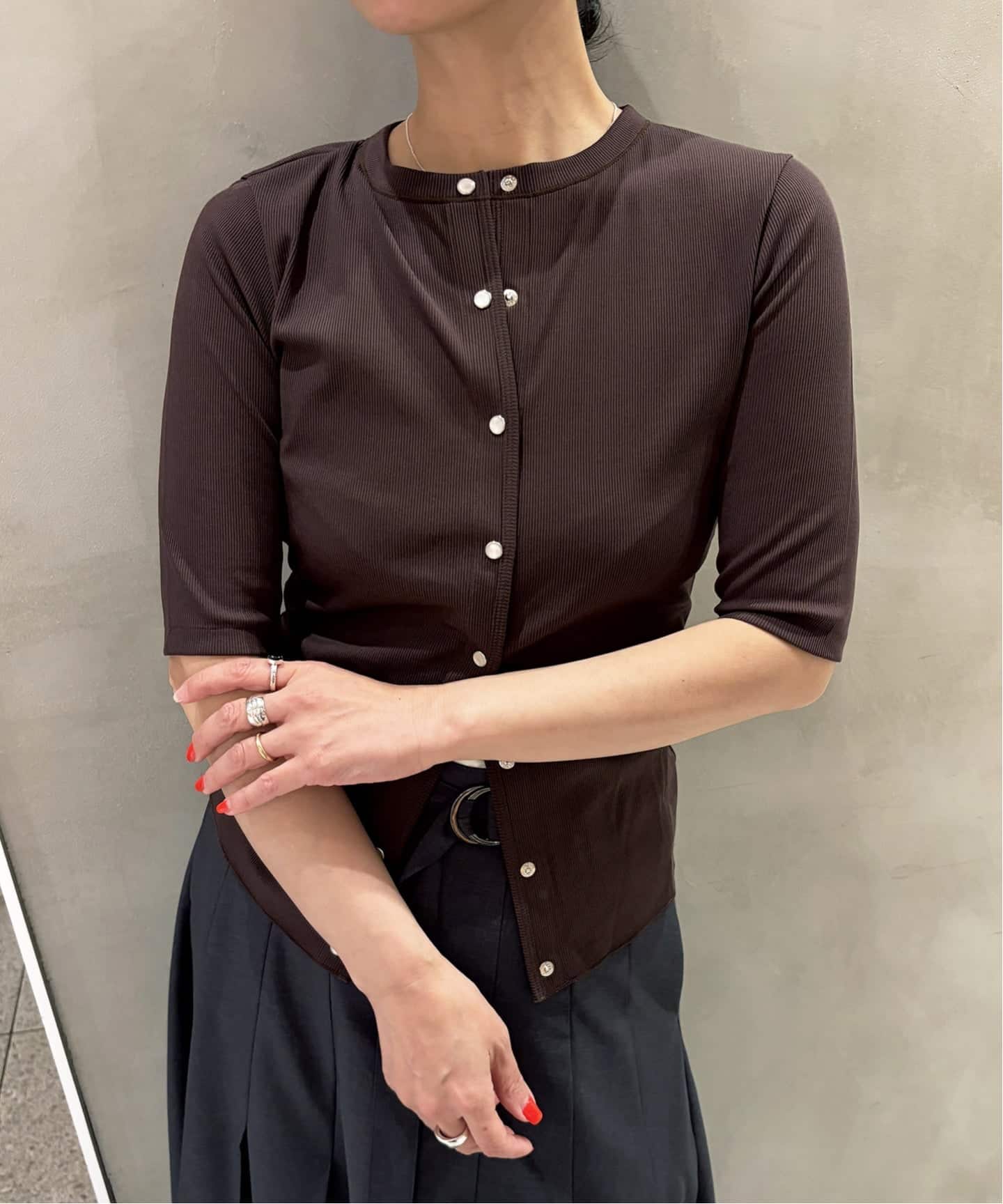 IENA LA BOUCLE コットンリブスナップハーフスリーブカーディガン（T