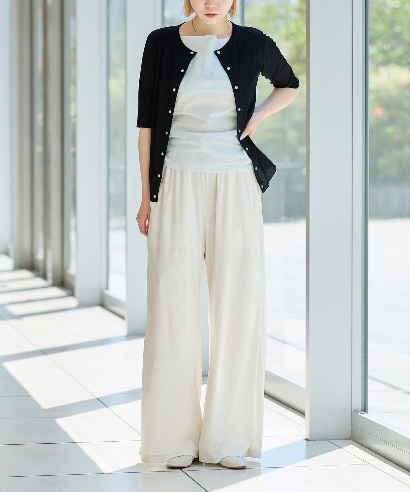 IENA LA BOUCLE コットンリブスナップハーフスリーブカーディガン（T