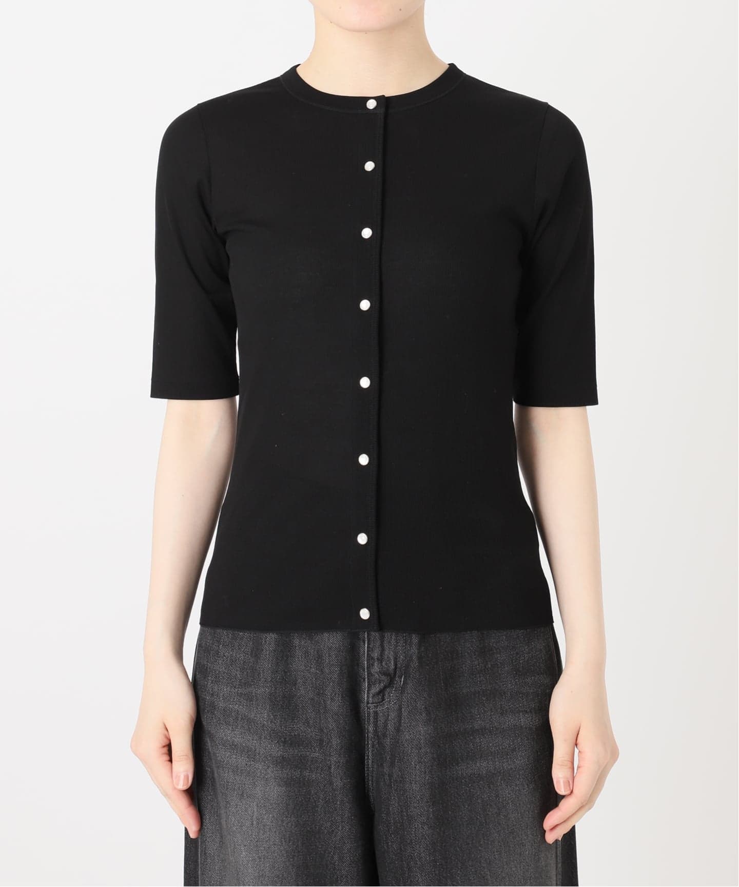 IENA LA BOUCLE コットンリブスナップハーフスリーブカーディガン（T